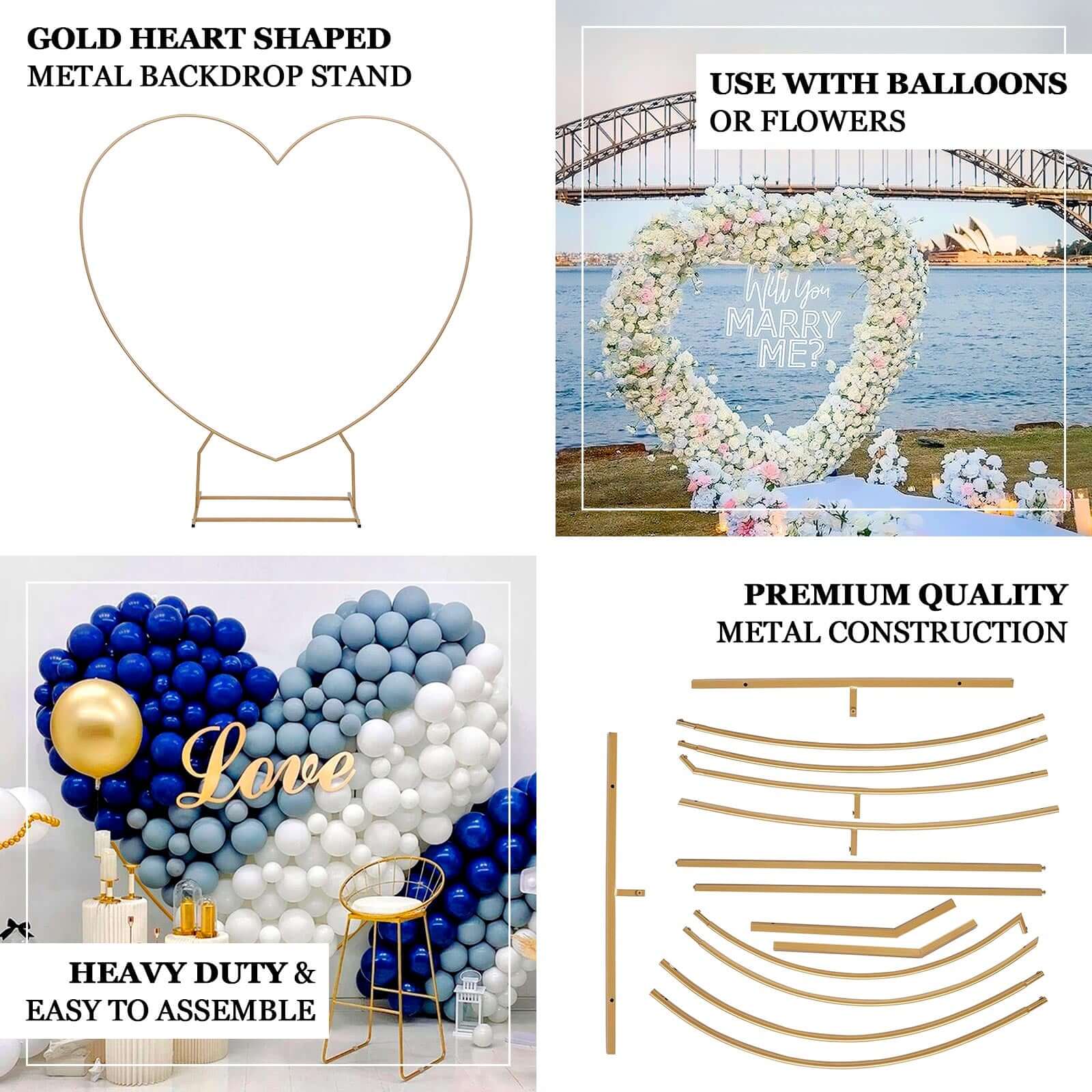 7ft Heavy Duty Gold Metal Heart Shape Photo Backdrop Stand, Wedding Arch Floral Balloon Frame with Sturdy Rectangular Base - Bell Racket Store