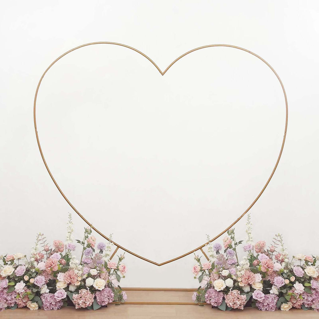 7ft Heavy Duty Gold Metal Heart Shape Photo Backdrop Stand, Wedding Arch Floral Balloon Frame with Sturdy Rectangular Base - Bell Racket Store