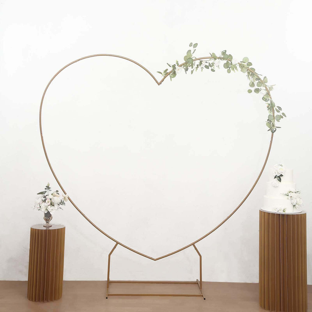 7ft Heavy Duty Gold Metal Heart Shape Photo Backdrop Stand, Wedding Arch Floral Balloon Frame with Sturdy Rectangular Base - Bell Racket Store
