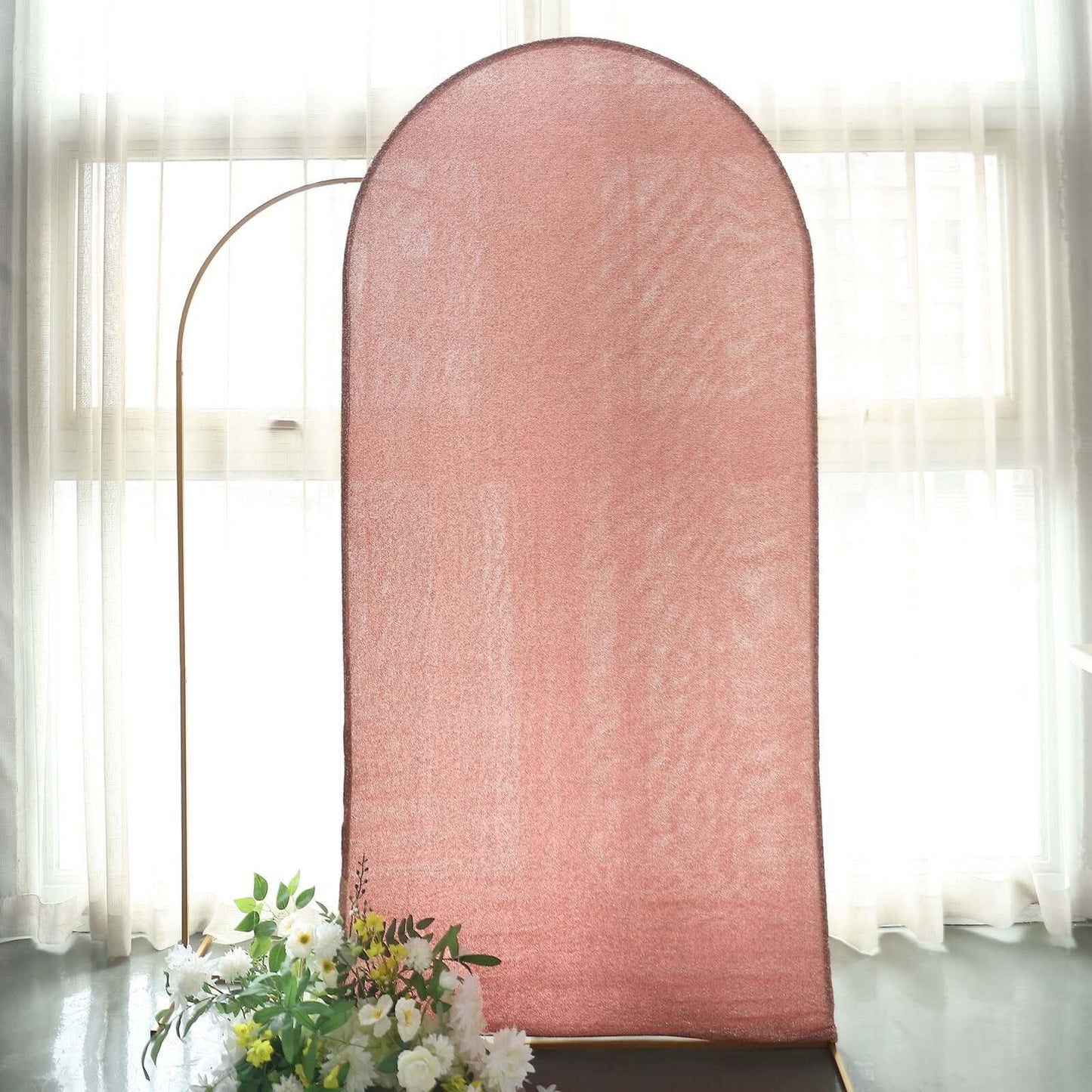 7ft Rose Gold Shimmer Tinsel Spandex Chiara Backdrop Stand Cover For Fitted Round Top Wedding Arch - Bell Racket Store