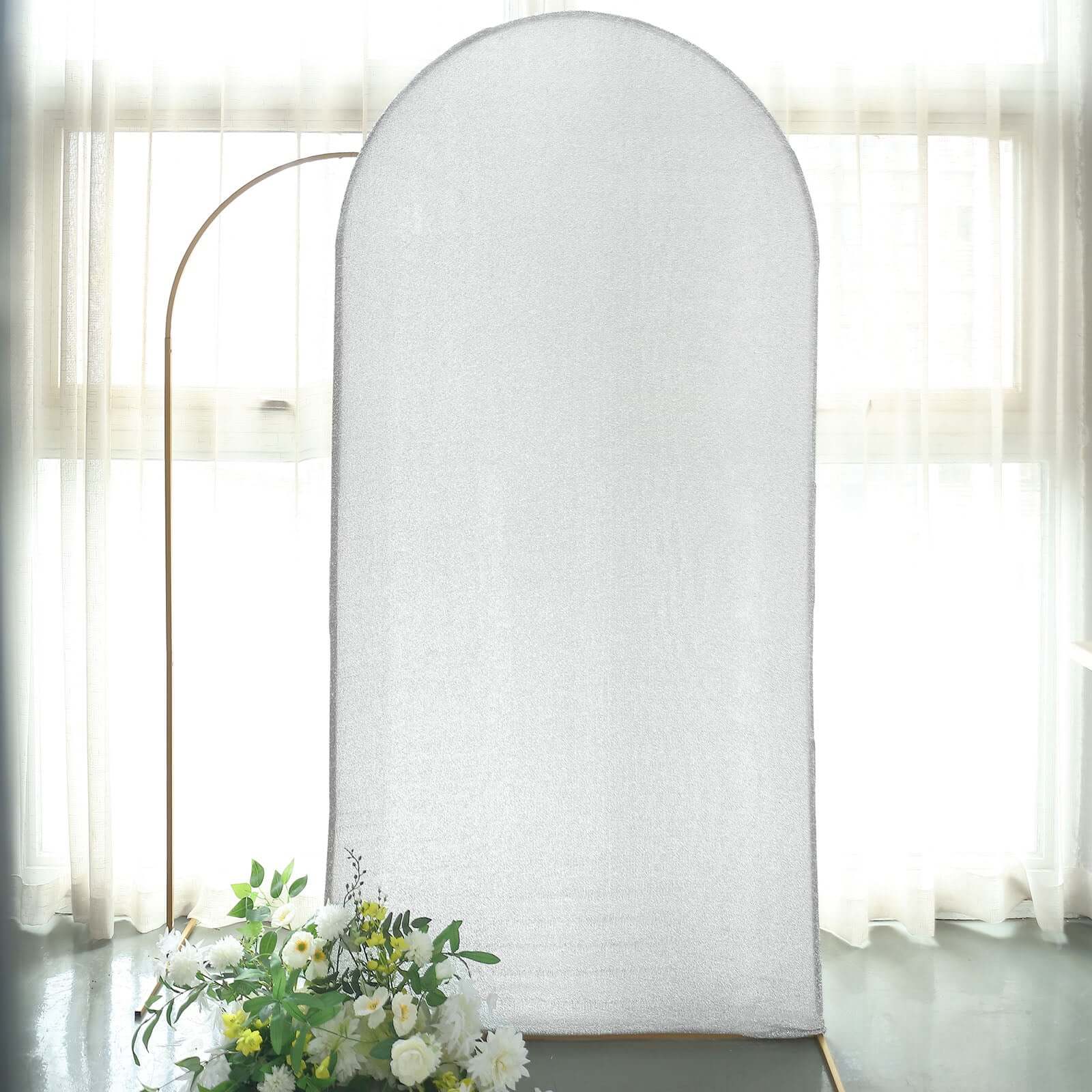 7ft Silver Shimmer Tinsel Spandex Chiara Backdrop Stand Cover For Fitted Round Top Wedding Arch - Bell Racket Store
