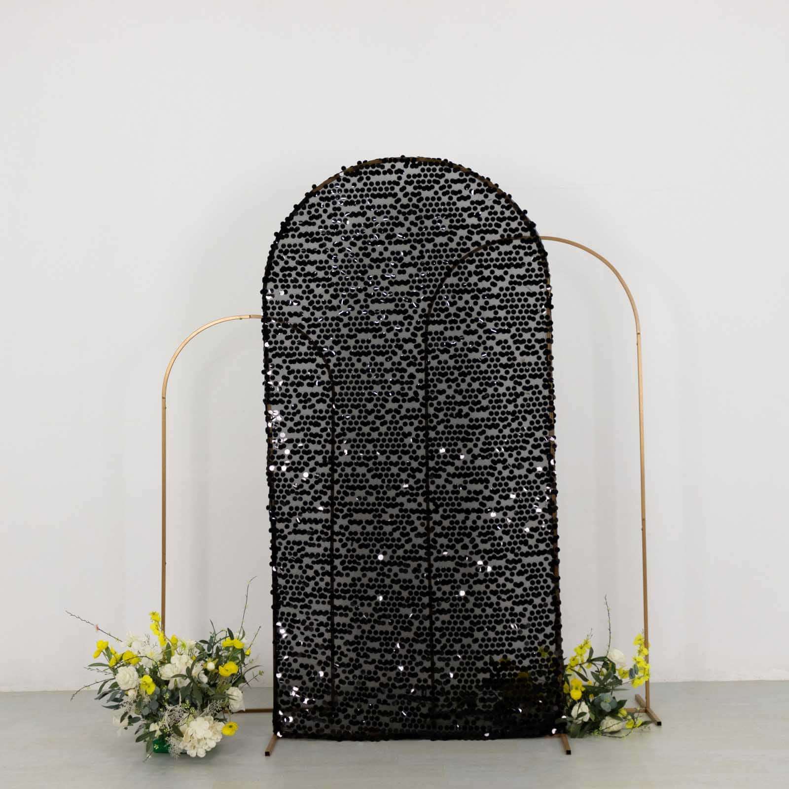7ft Sparkly Black Big Payette Sequin Fitted Wedding Arch Cover for Round Top Chiara Backdrop Stand - Bell Racket Store