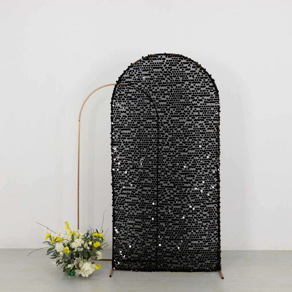 7ft Sparkly Black Big Payette Sequin Fitted Wedding Arch Cover for Round Top Chiara Backdrop Stand - Bell Racket Store