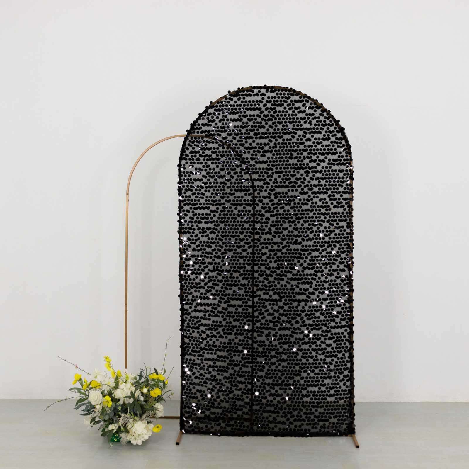 7ft Sparkly Black Big Payette Sequin Fitted Wedding Arch Cover for Round Top Chiara Backdrop Stand - Bell Racket Store