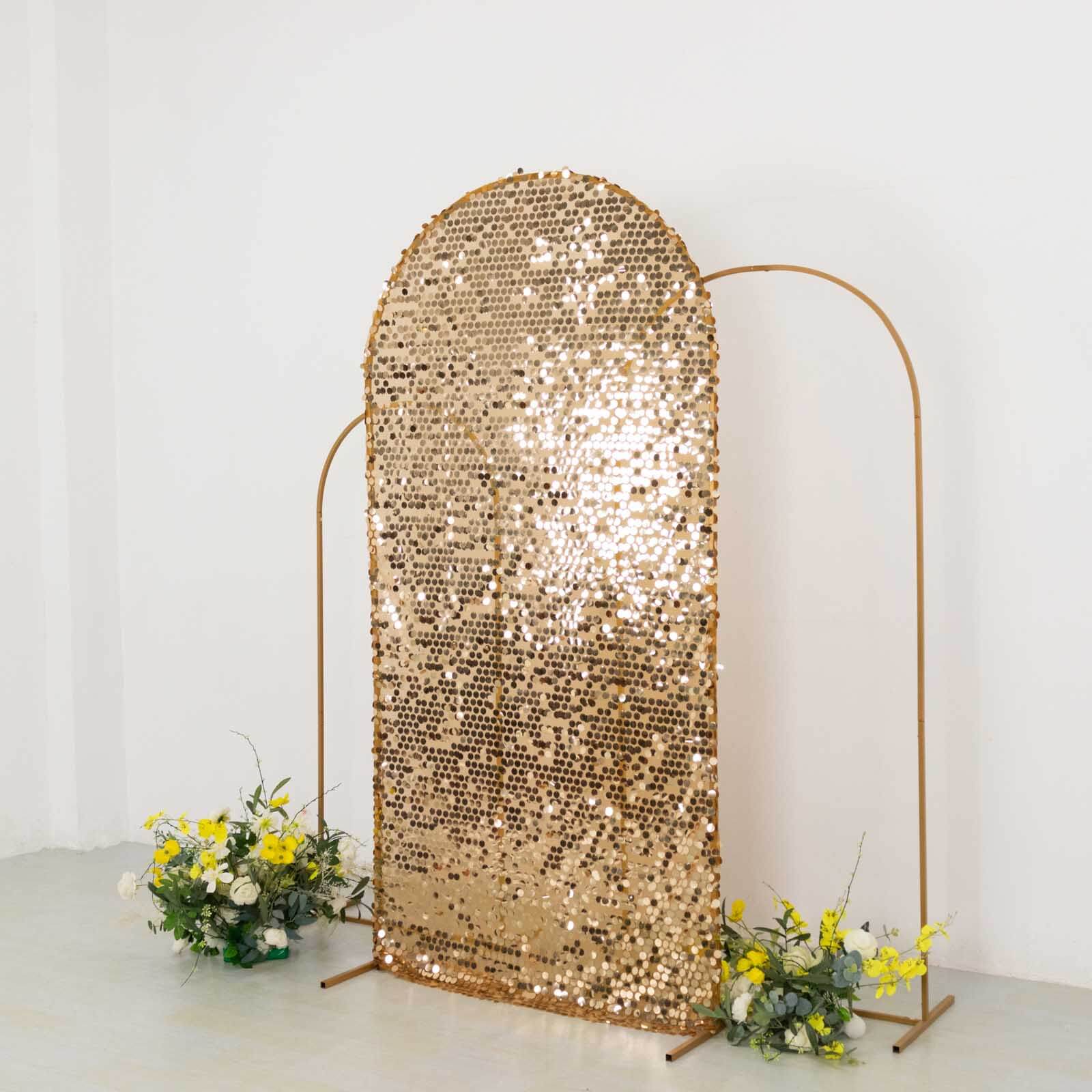 7ft Sparkly Gold Big Payette Sequin Fitted Wedding Arch Cover for Round Top Chiara Backdrop Stand - Bell Racket Store
