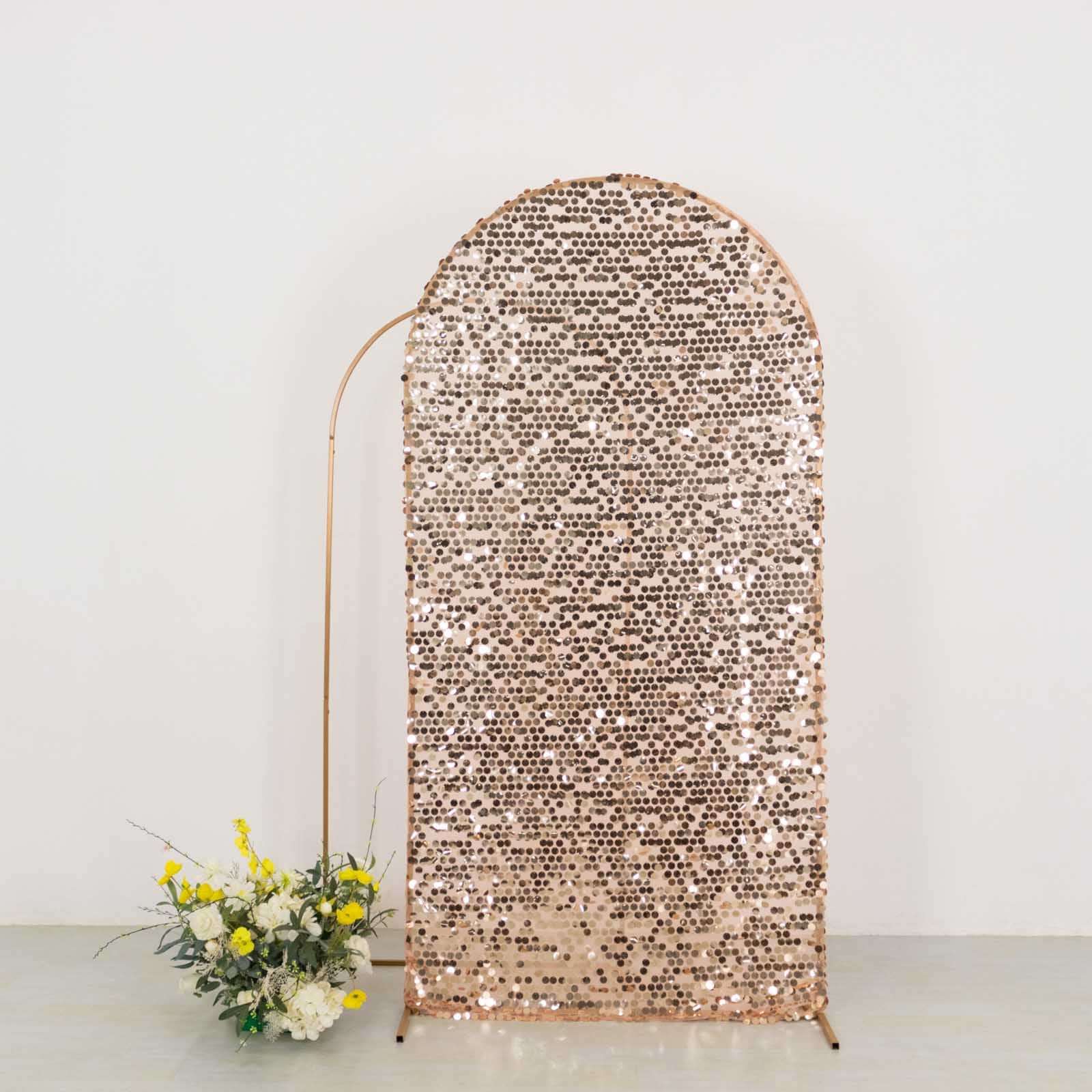 7ft Sparkly Rose Gold Big Payette Sequin Fitted Wedding Arch Cover for Round Top Chiara Backdrop Stand - Bell Racket Store