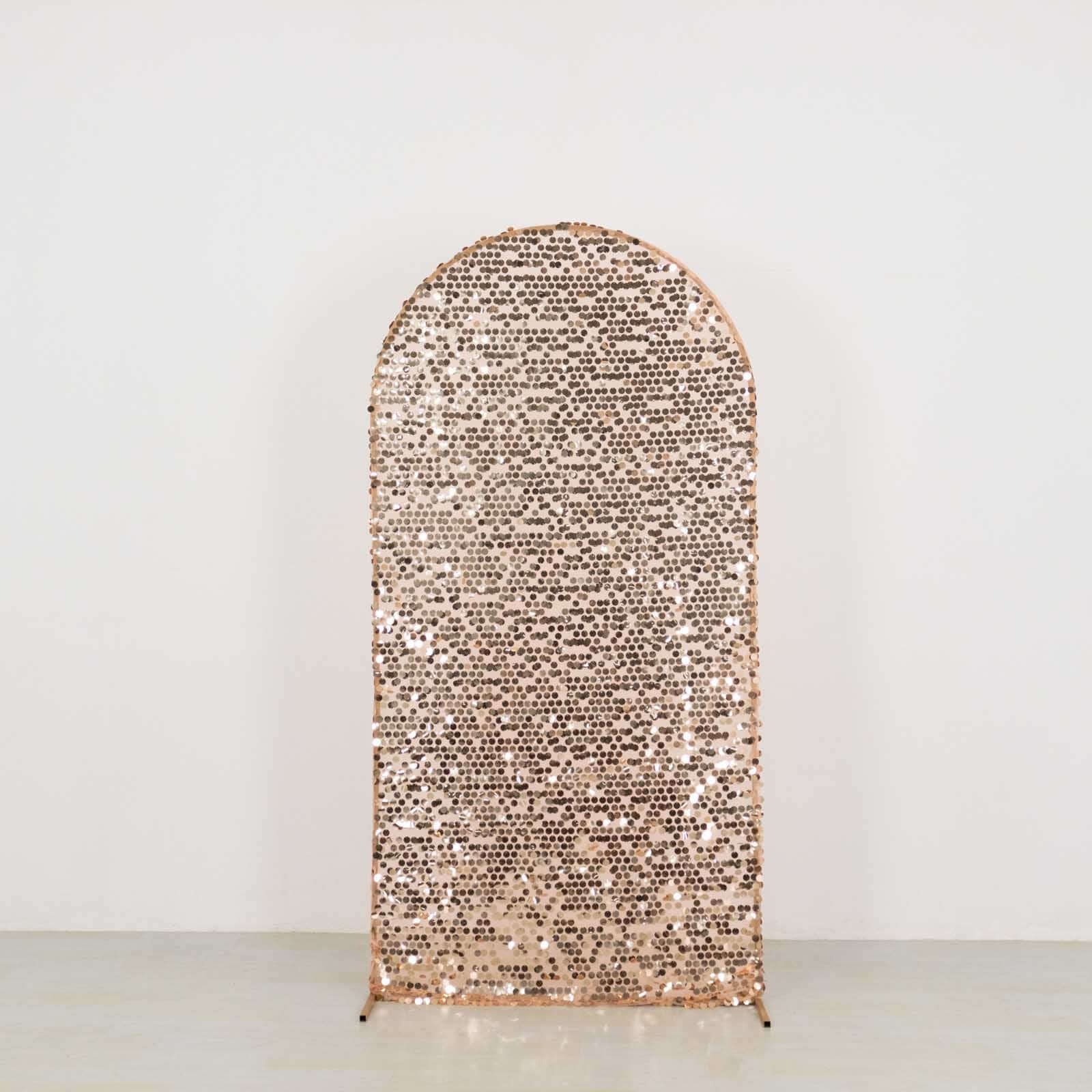 7ft Sparkly Rose Gold Big Payette Sequin Fitted Wedding Arch Cover for Round Top Chiara Backdrop Stand - Bell Racket Store