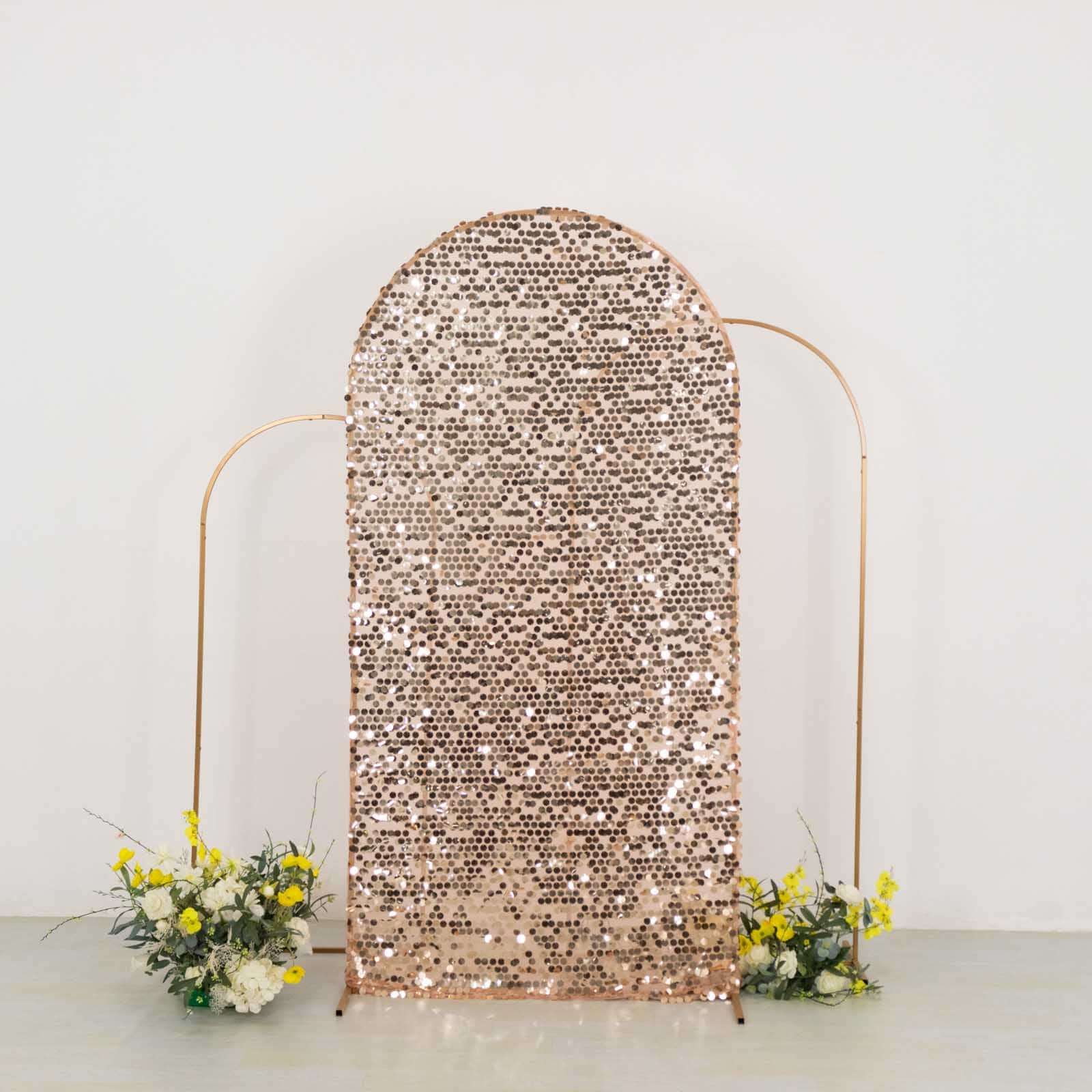 7ft Sparkly Rose Gold Big Payette Sequin Fitted Wedding Arch Cover for Round Top Chiara Backdrop Stand - Bell Racket Store