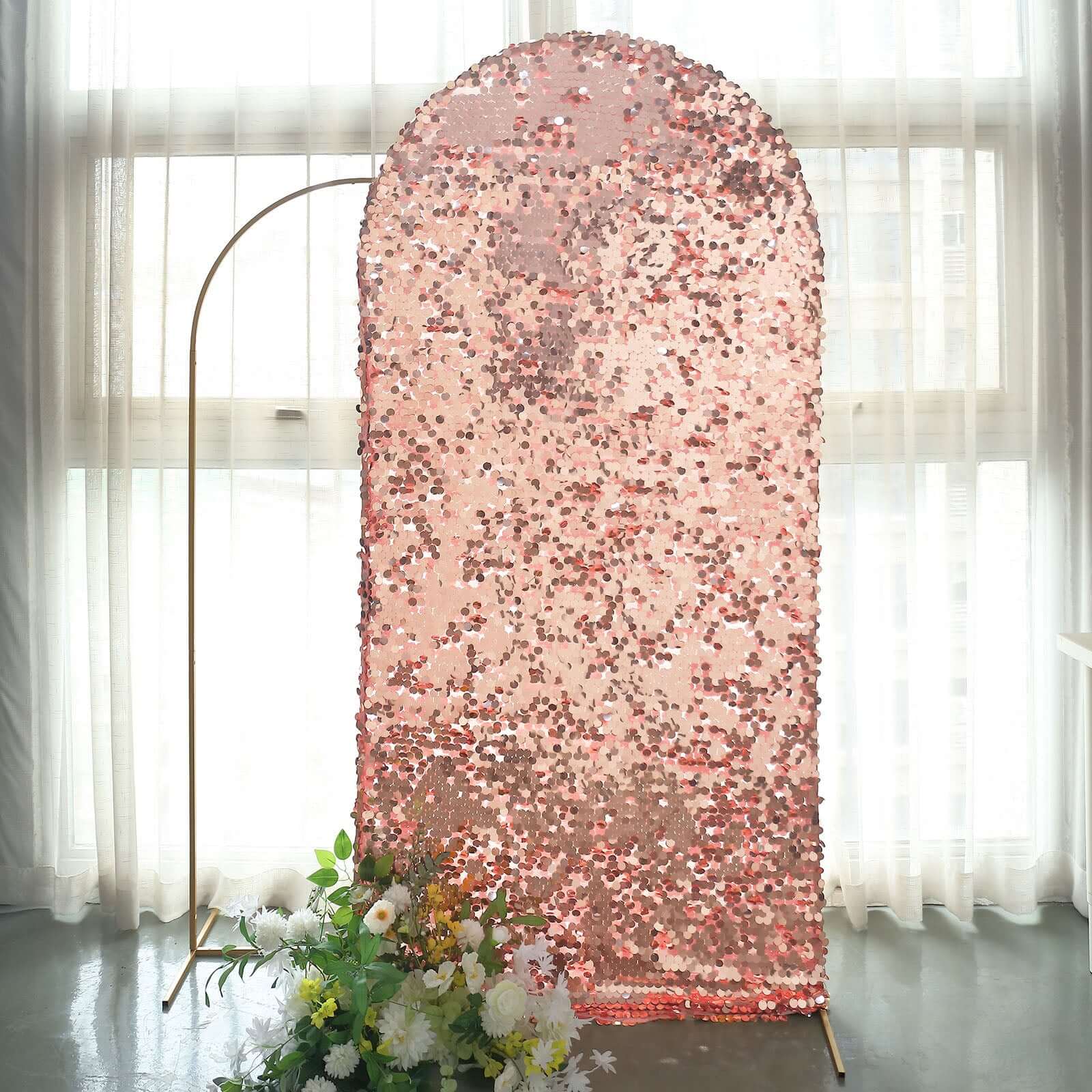7ft Sparkly Rose Gold Double Sided Big Payette Sequin Chiara Backdrop Stand Cover For Fitted Round Top Wedding Arch - Bell Racket Store