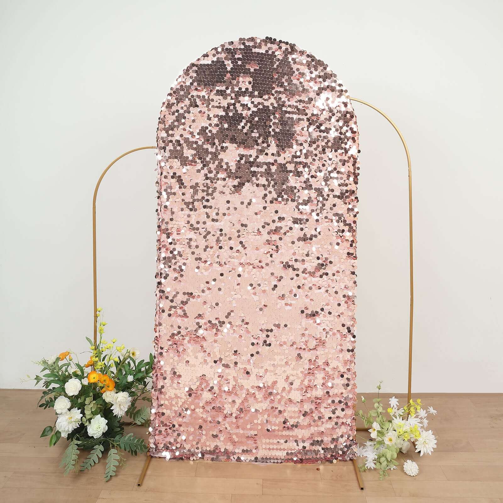 7ft Sparkly Rose Gold Double Sided Big Payette Sequin Chiara Backdrop Stand Cover For Fitted Round Top Wedding Arch - Bell Racket Store