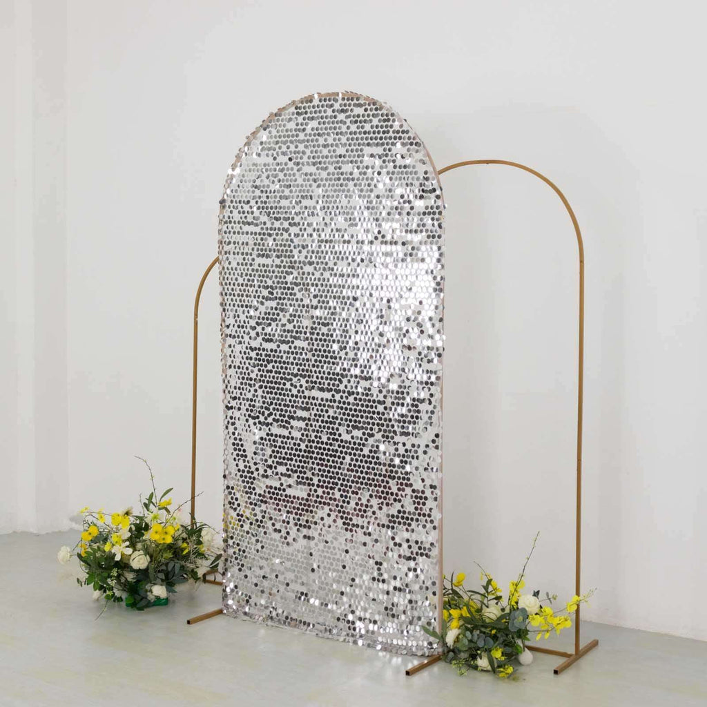 7ft Sparkly Silver Big Payette Sequin Fitted Wedding Arch Cover for Round Top Chiara Backdrop Stand - Bell Racket Store