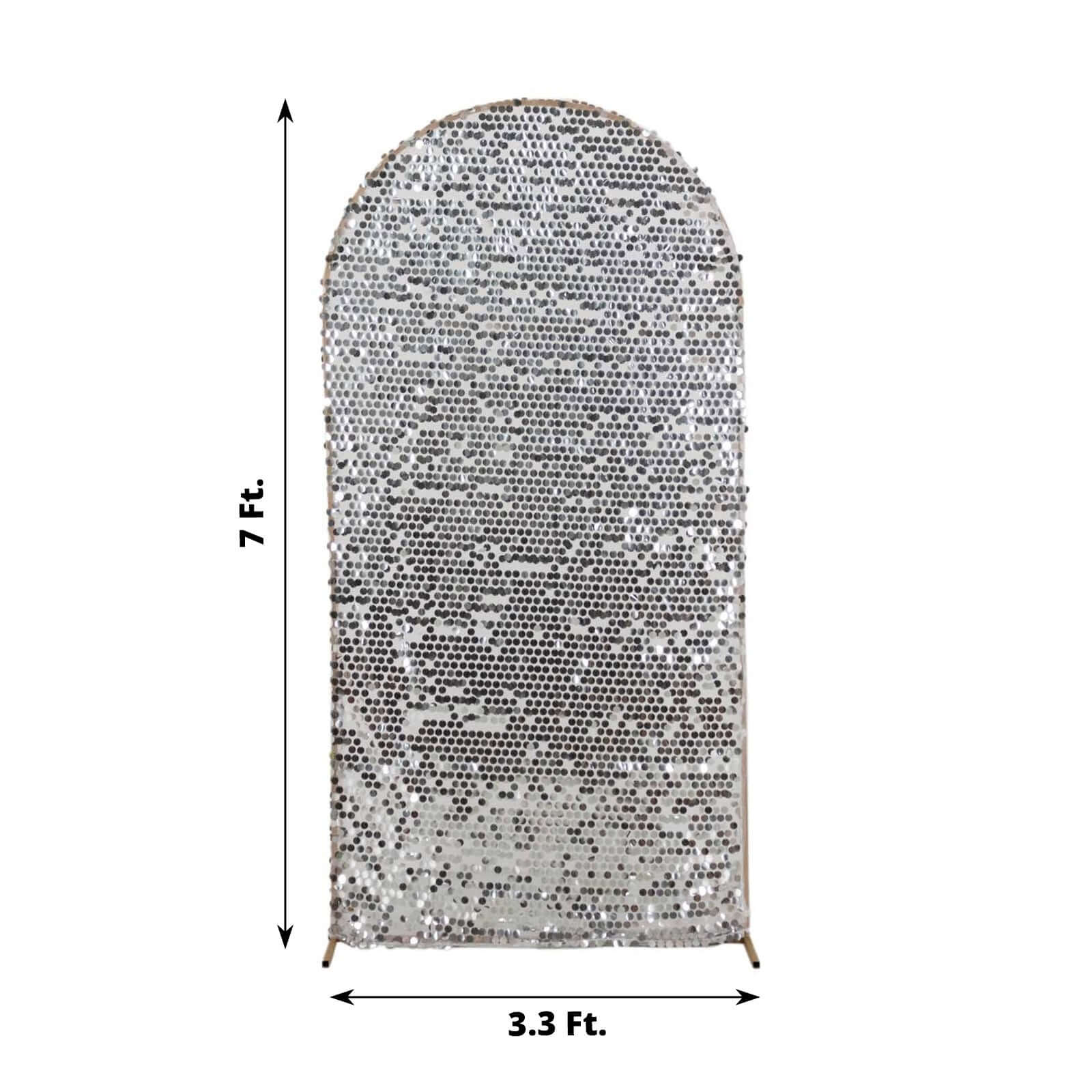 7ft Sparkly Silver Big Payette Sequin Fitted Wedding Arch Cover for Round Top Chiara Backdrop Stand - Bell Racket Store