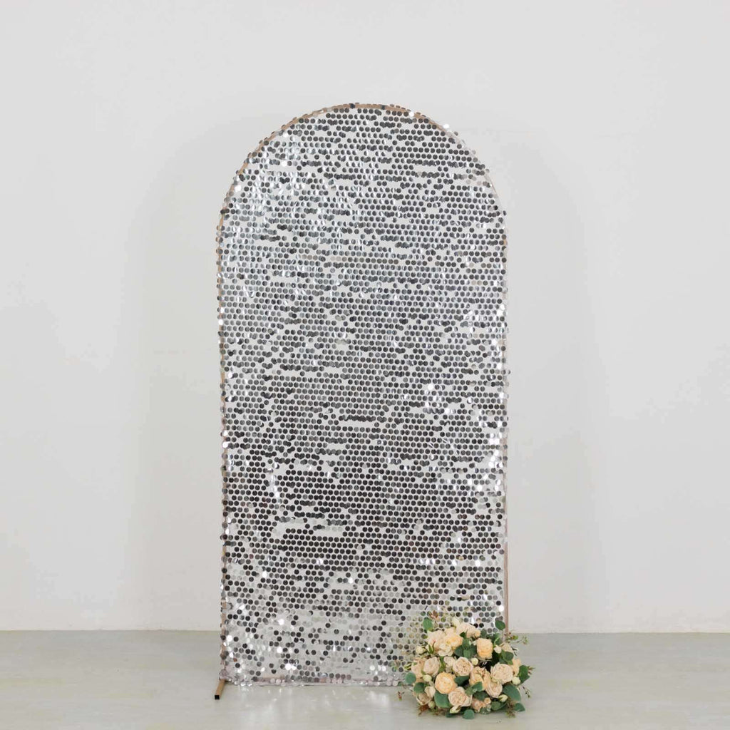7ft Sparkly Silver Big Payette Sequin Fitted Wedding Arch Cover for Round Top Chiara Backdrop Stand - Bell Racket Store