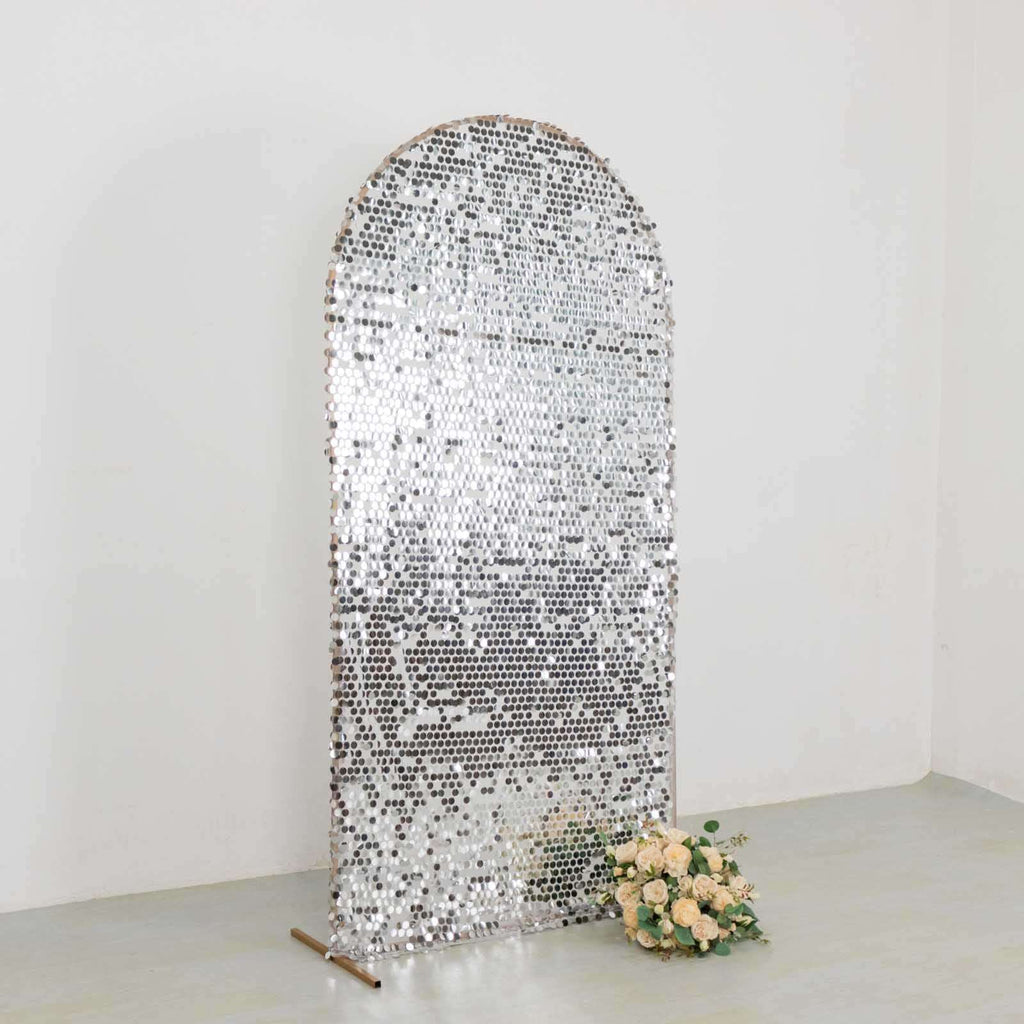 7ft Sparkly Silver Big Payette Sequin Fitted Wedding Arch Cover for Round Top Chiara Backdrop Stand - Bell Racket Store