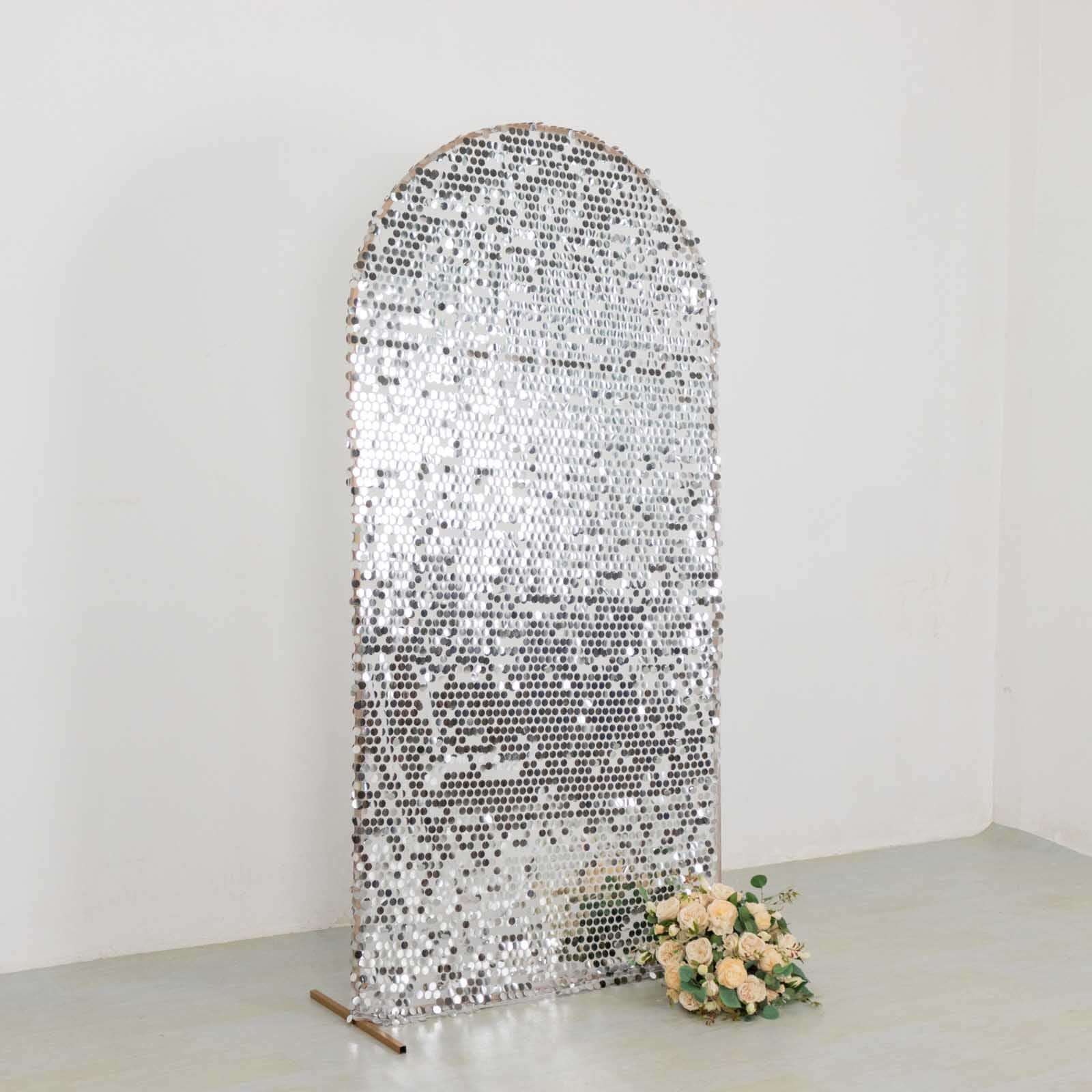 7ft Sparkly Silver Big Payette Sequin Fitted Wedding Arch Cover for Round Top Chiara Backdrop Stand - Bell Racket Store