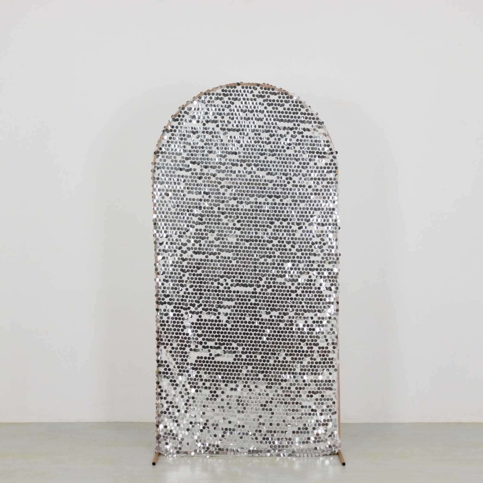 7ft Sparkly Silver Big Payette Sequin Fitted Wedding Arch Cover for Round Top Chiara Backdrop Stand - Bell Racket Store