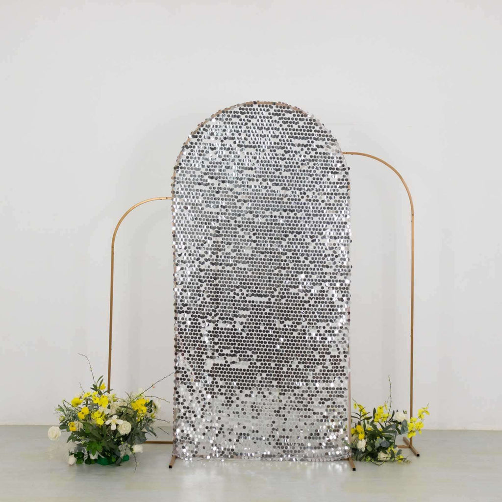 7ft Sparkly Silver Big Payette Sequin Fitted Wedding Arch Cover for Round Top Chiara Backdrop Stand - Bell Racket Store