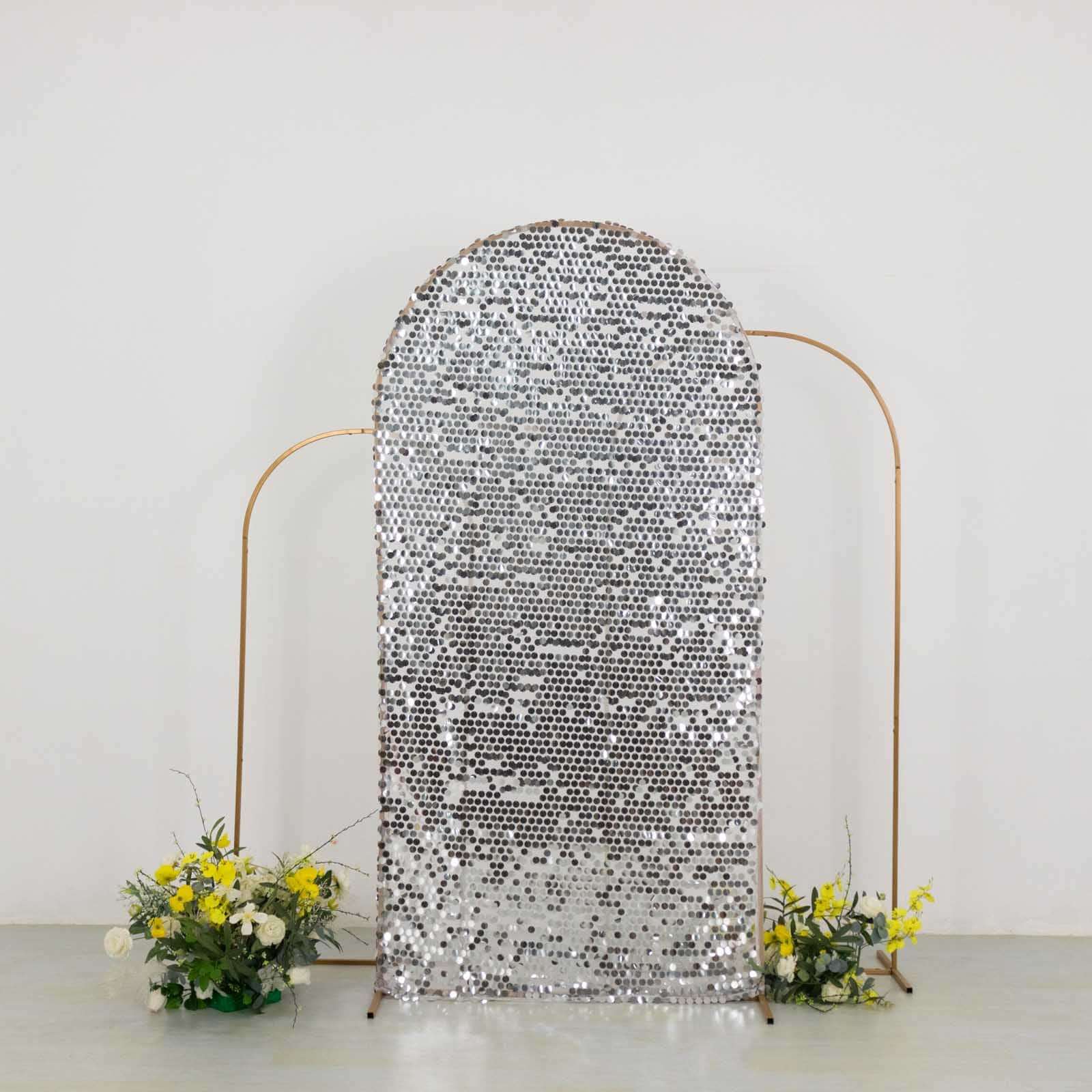 7ft Sparkly Silver Big Payette Sequin Fitted Wedding Arch Cover for Round Top Chiara Backdrop Stand - Bell Racket Store