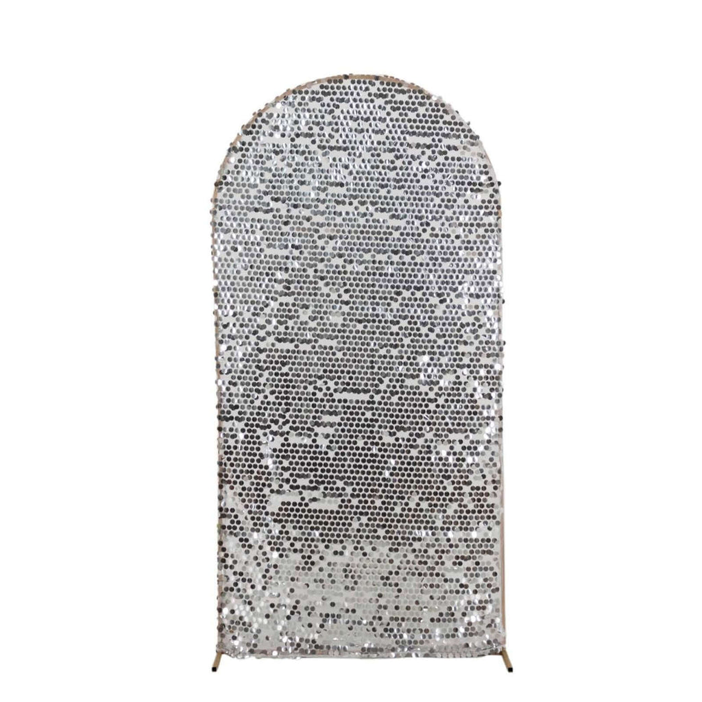7ft Sparkly Silver Big Payette Sequin Fitted Wedding Arch Cover for Round Top Chiara Backdrop Stand - Bell Racket Store