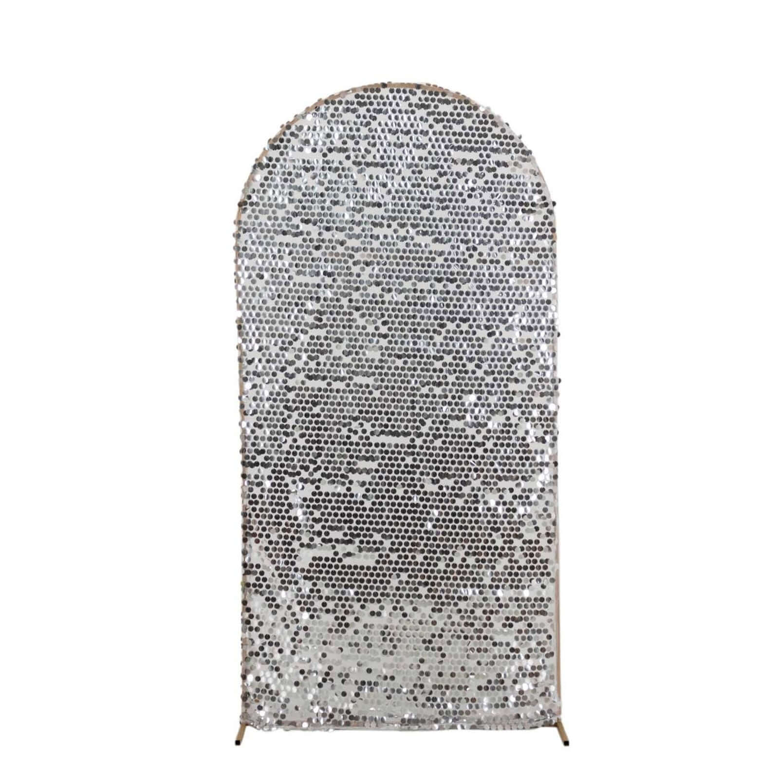 7ft Sparkly Silver Big Payette Sequin Fitted Wedding Arch Cover for Round Top Chiara Backdrop Stand - Bell Racket Store