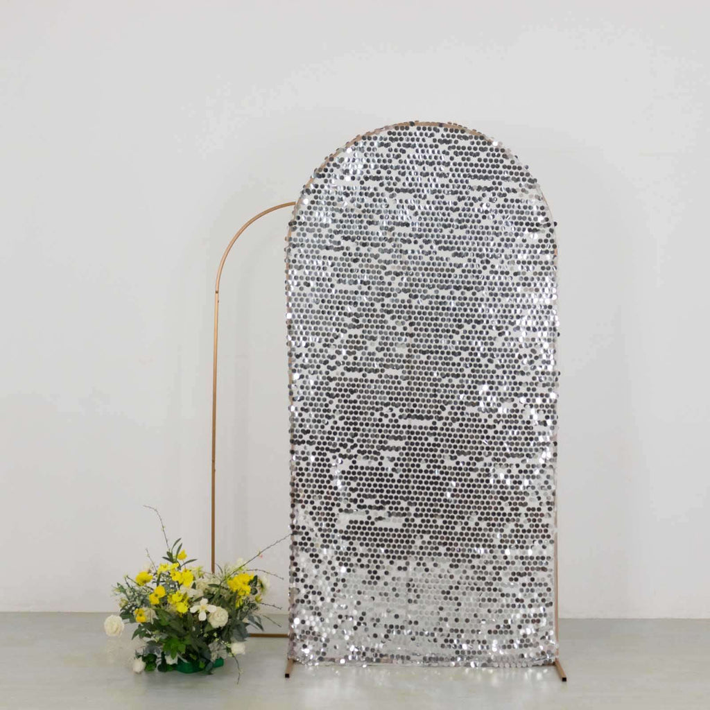 7ft Sparkly Silver Big Payette Sequin Fitted Wedding Arch Cover for Round Top Chiara Backdrop Stand - Bell Racket Store