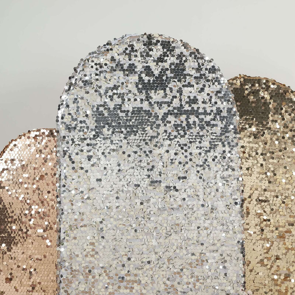 7ft Sparkly Silver Double Sided Big Payette Sequin Chiara Backdrop Stand Cover For Fitted Round Top Wedding Arch - Bell Racket Store