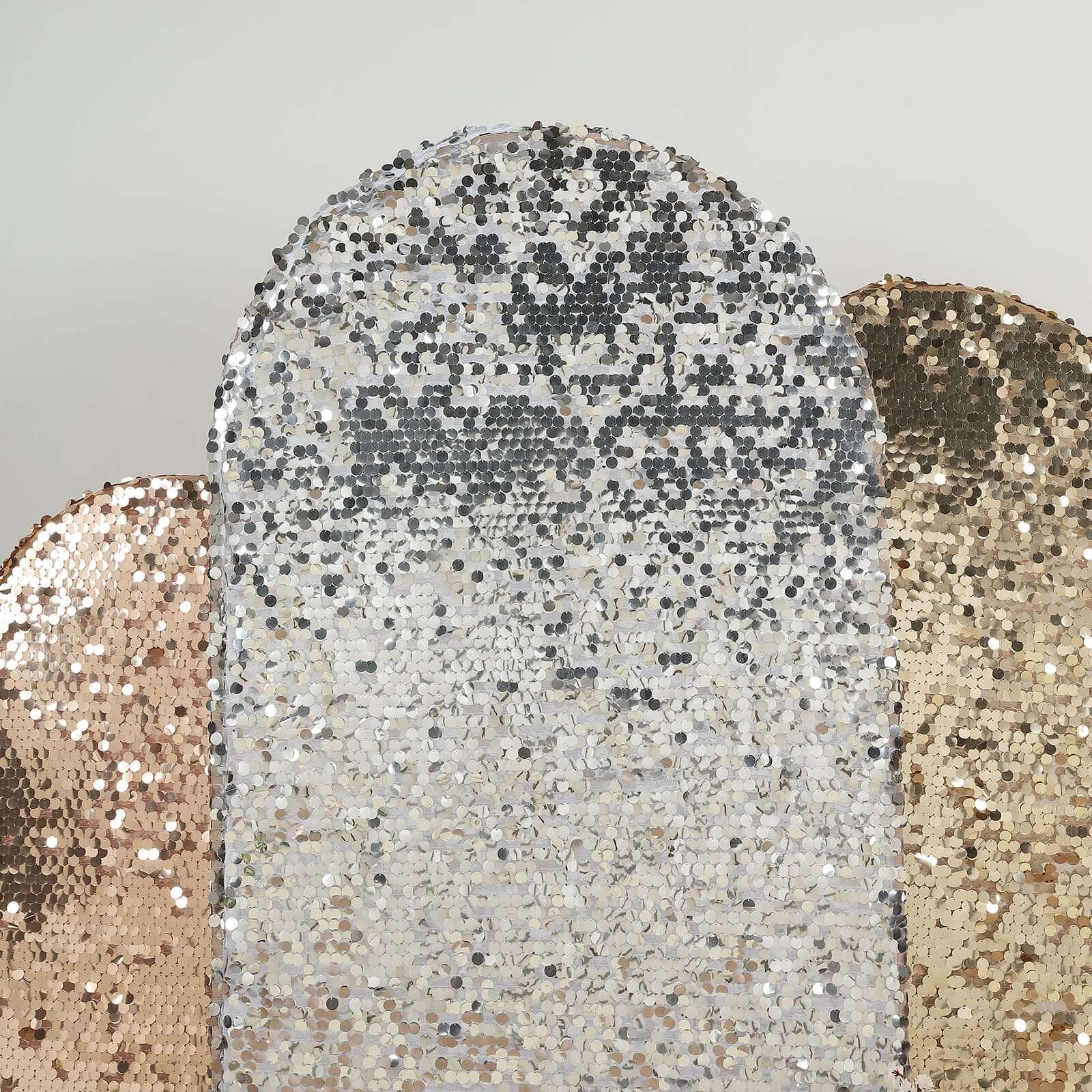 7ft Sparkly Silver Double Sided Big Payette Sequin Chiara Backdrop Stand Cover For Fitted Round Top Wedding Arch - Bell Racket Store