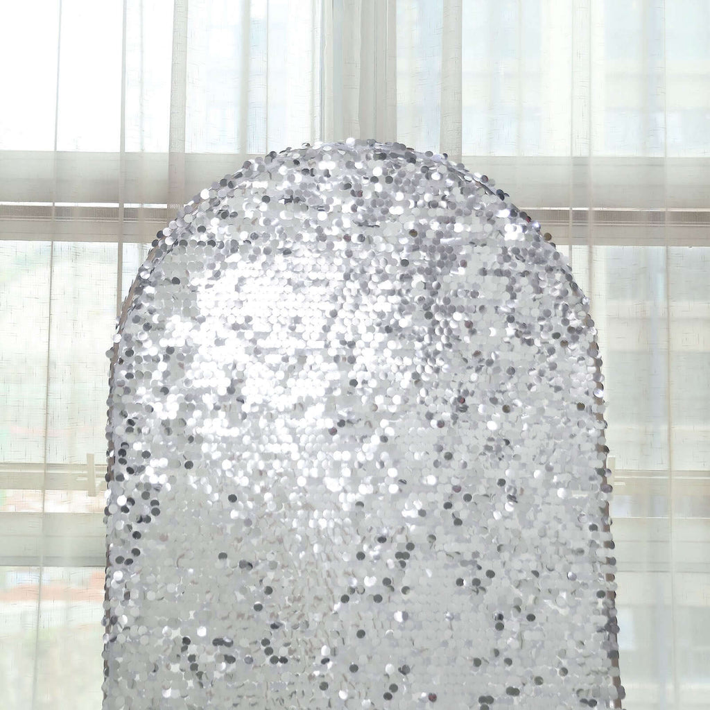 7ft Sparkly Silver Double Sided Big Payette Sequin Chiara Backdrop Stand Cover For Fitted Round Top Wedding Arch - Bell Racket Store