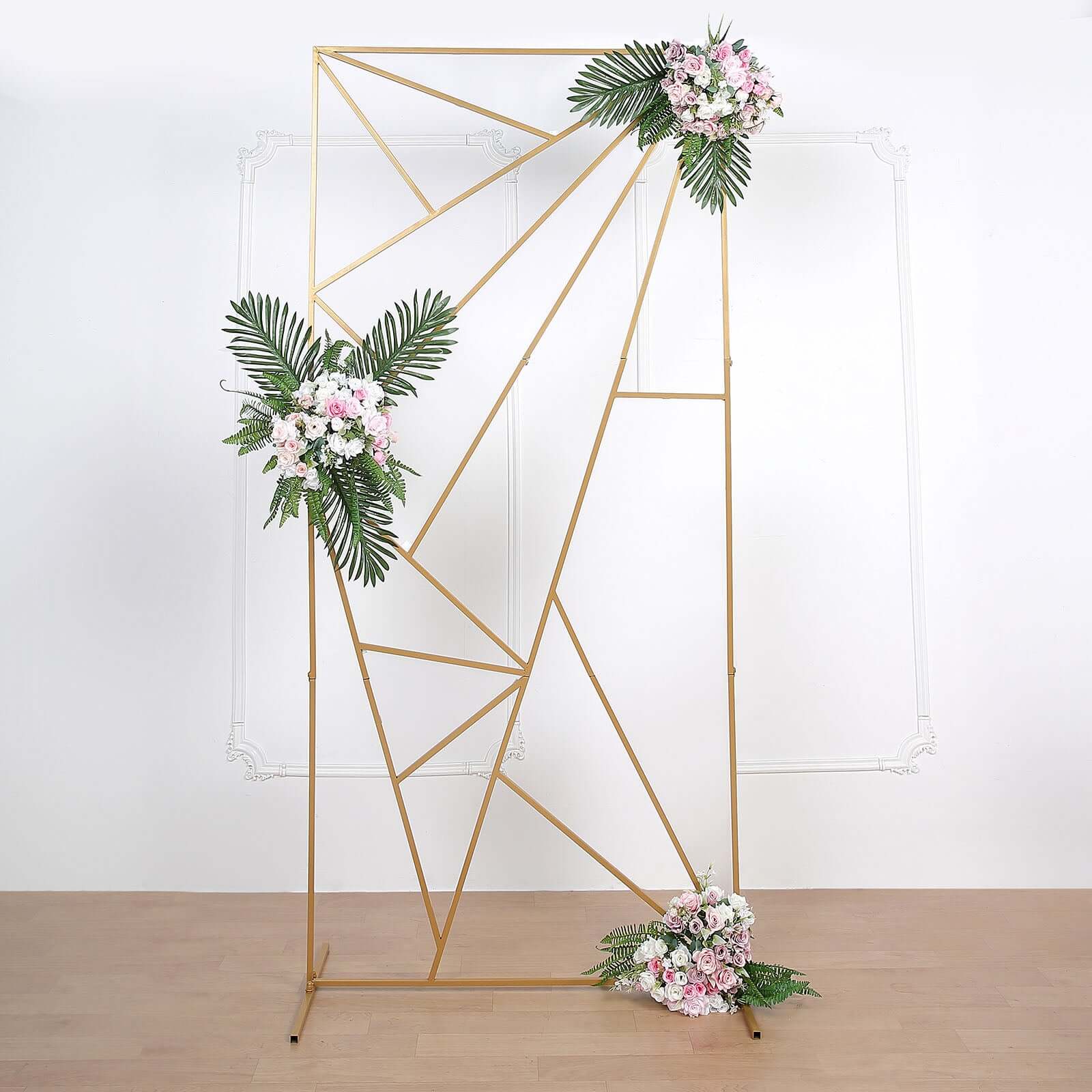 7ft Tall Gold Metal Rectangular Geometric Flower Frame Prop Stand, Wedding Backdrop Floor Stand With Cloudy Film Insert - Bell Racket Store
