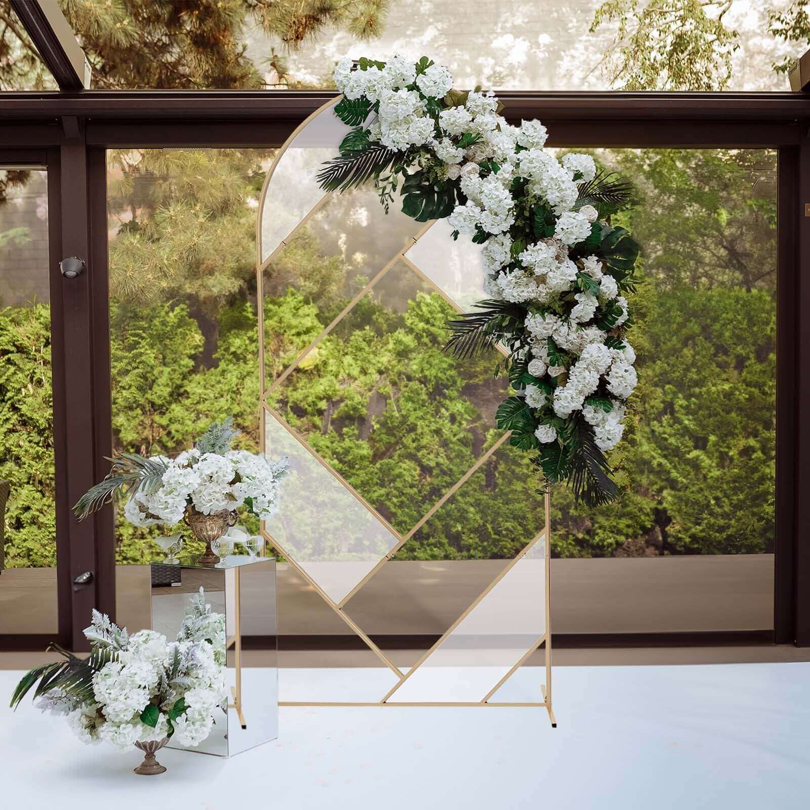7ft Tall Gold Metal Round Top Geometric Flower Frame Prop Stand, Rectangular Wedding Backdrop Floor Stand With Cloudy Film Insert - Bell Racket Store