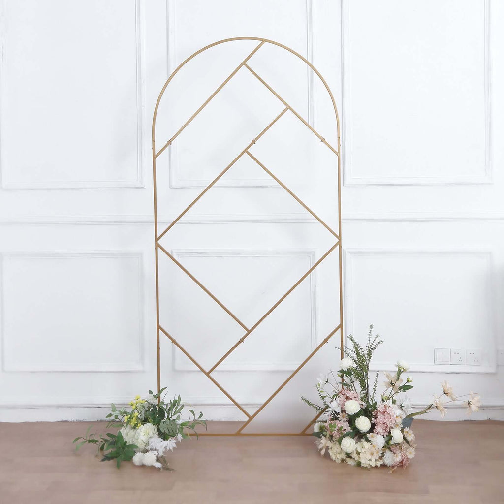 7ft Tall Gold Metal Round Top Geometric Flower Frame Prop Stand, Rectangular Wedding Backdrop Floor Stand With Cloudy Film Insert - Bell Racket Store
