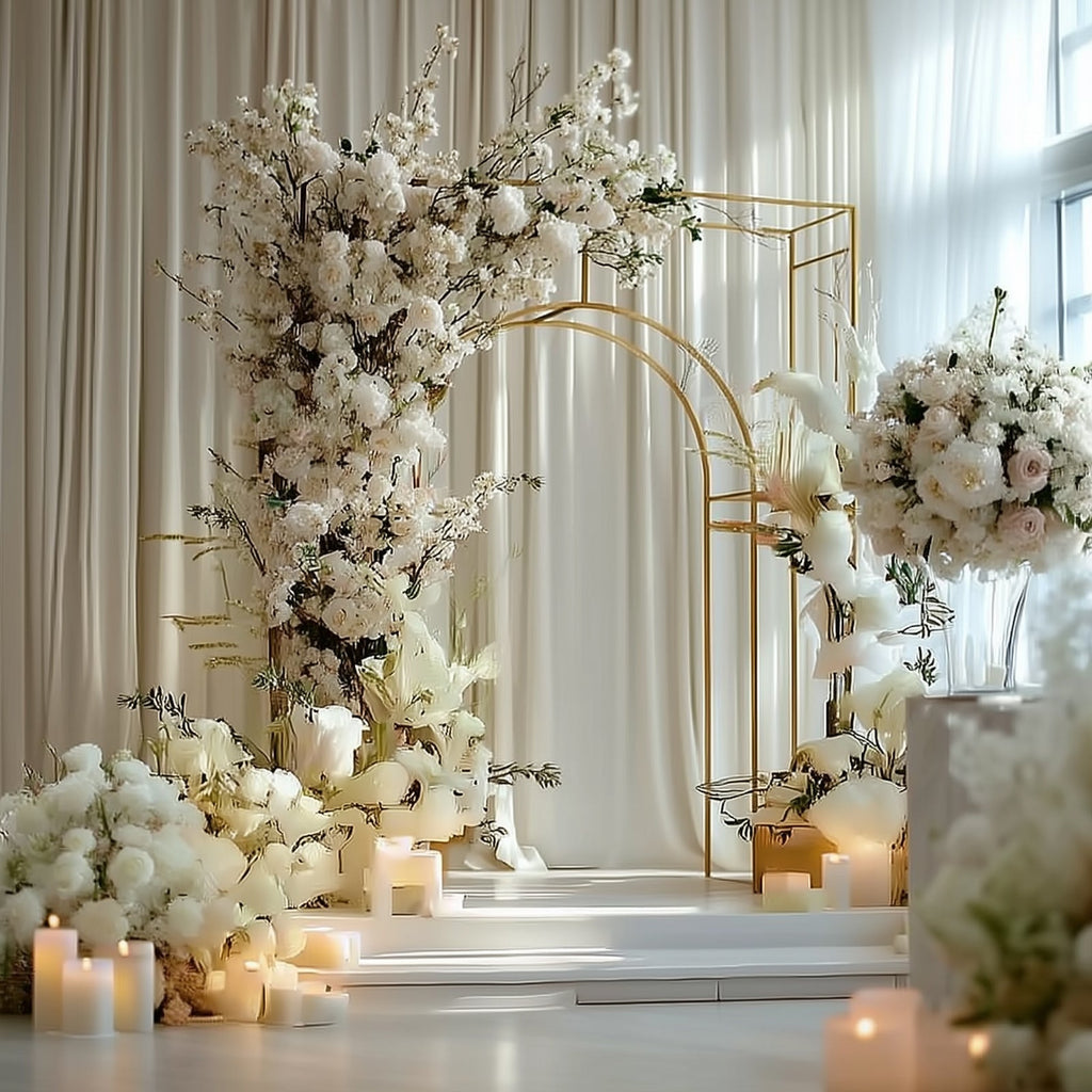 7ft Wedding Arch Rectangular Backdrop Stand â€“ Arc de Triomphe Style 3D Heavy Duty Gold Metal Frame for Balloon & Floral Display - Bell Racket Store
