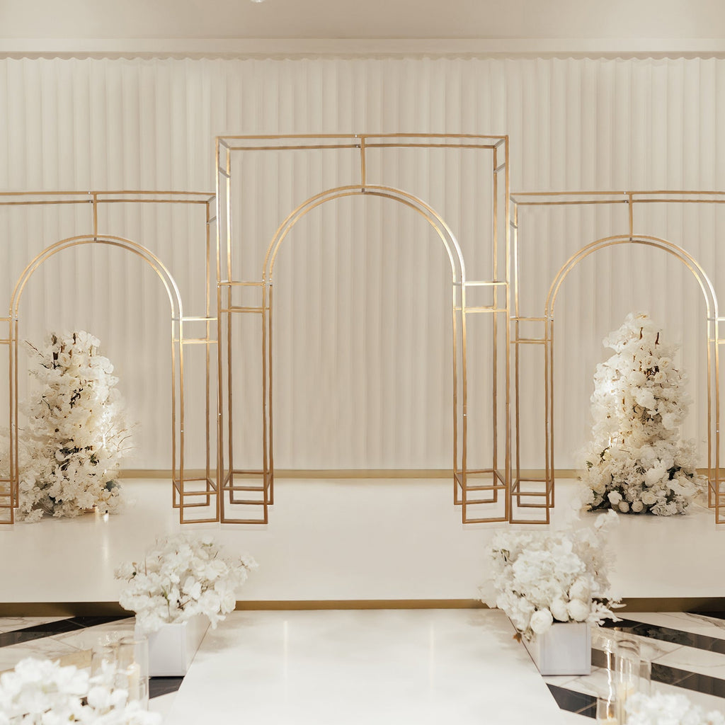 7ft Wedding Arch Rectangular Backdrop Stand â€“ Arc de Triomphe Style 3D Heavy Duty Gold Metal Frame for Balloon & Floral Display - Bell Racket Store