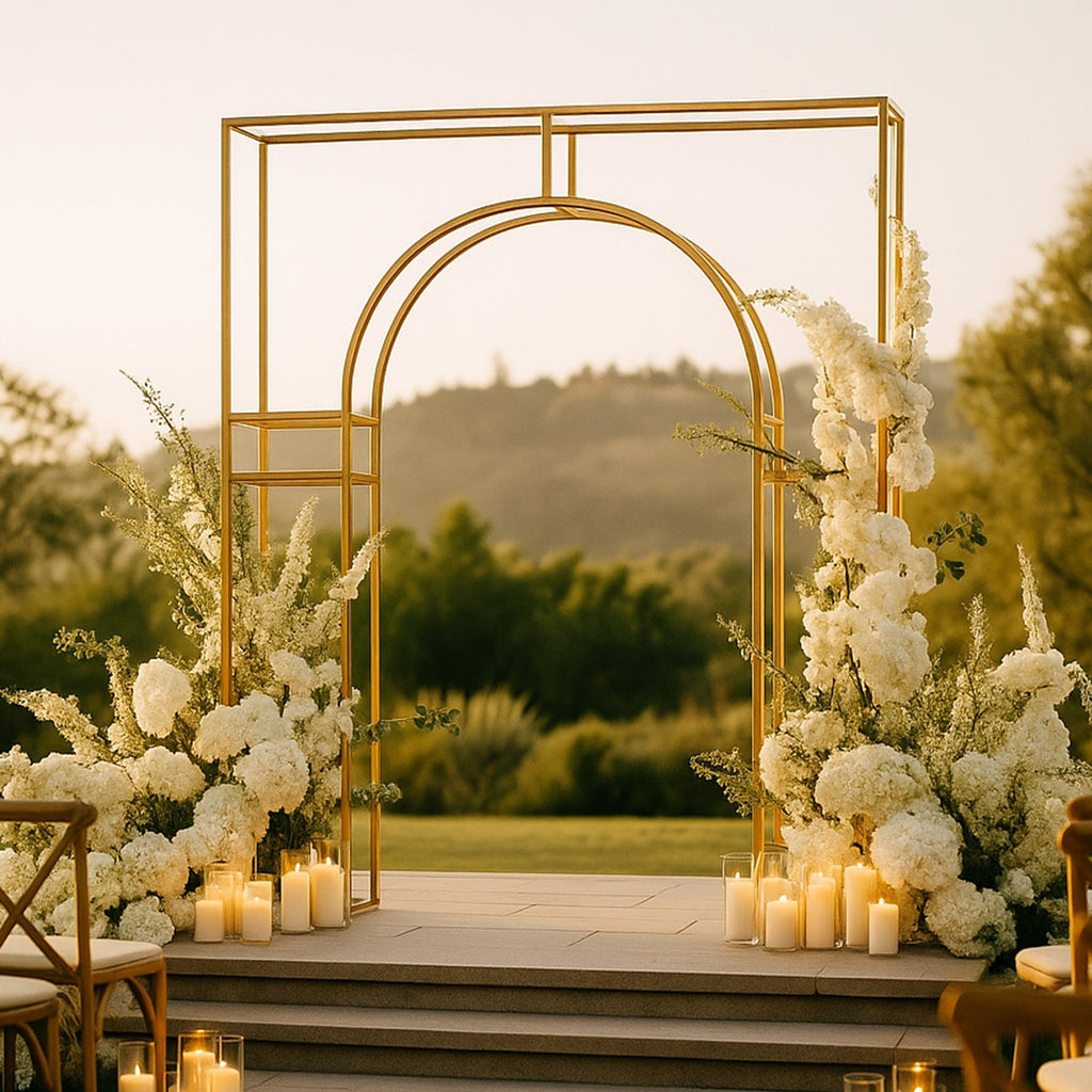 7ft Wedding Arch Rectangular Backdrop Stand â€“ Arc de Triomphe Style 3D Heavy Duty Gold Metal Frame for Balloon & Floral Display - Bell Racket Store
