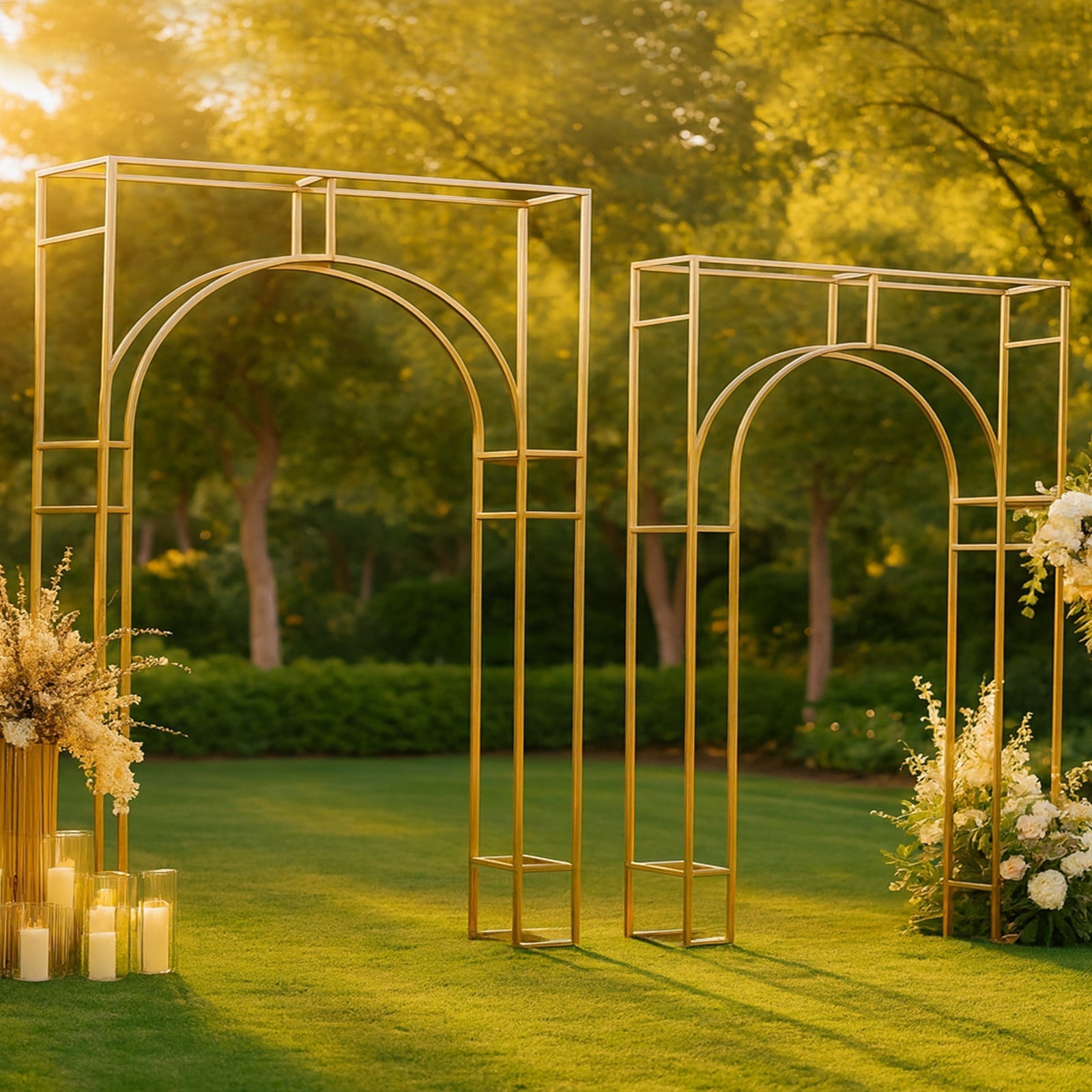 7ft Wedding Arch Rectangular Backdrop Stand â€“ Arc de Triomphe Style 3D Heavy Duty Gold Metal Frame for Balloon & Floral Display - Bell Racket Store