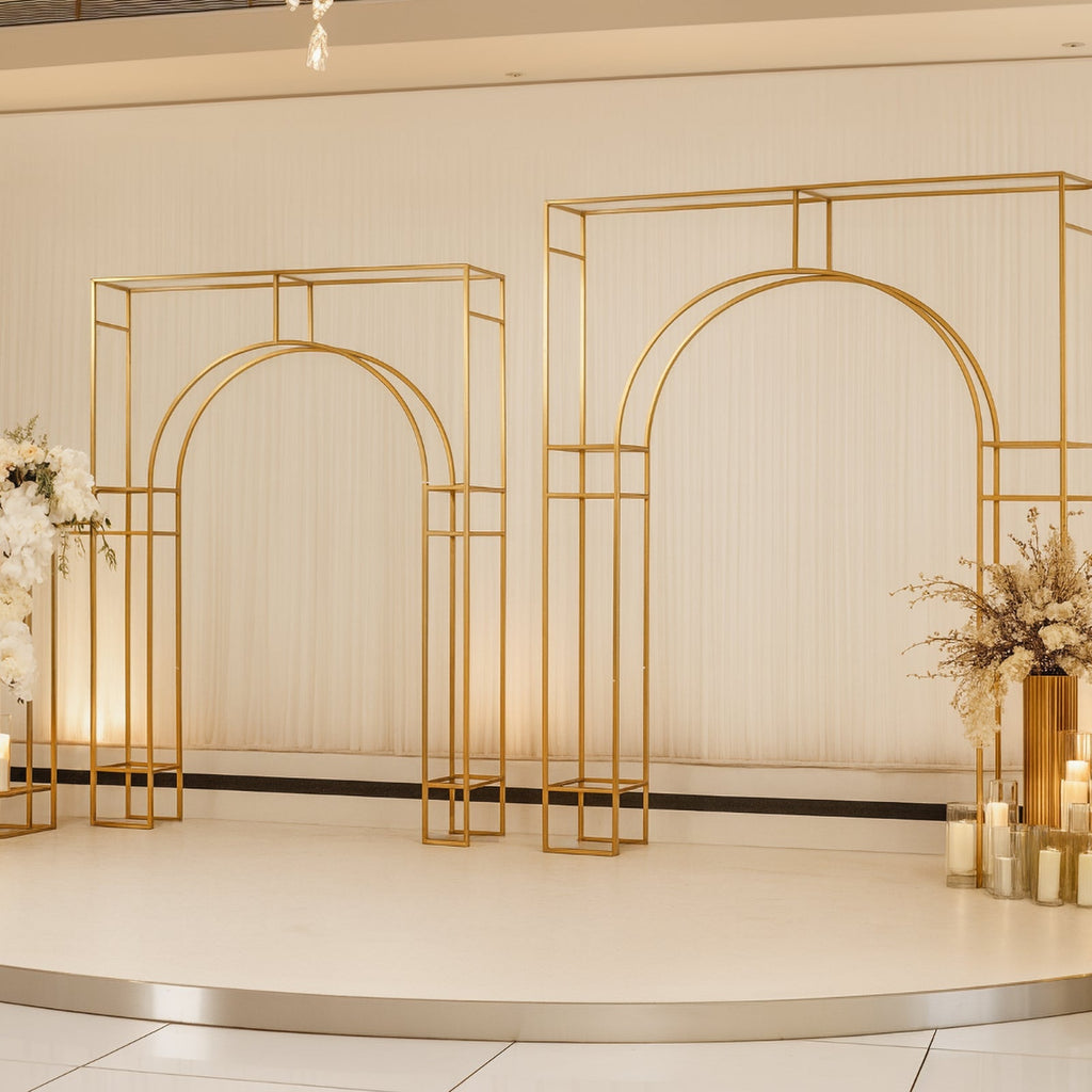 7ft Wedding Arch Rectangular Backdrop Stand â€“ Arc de Triomphe Style 3D Heavy Duty Gold Metal Frame for Balloon & Floral Display - Bell Racket Store