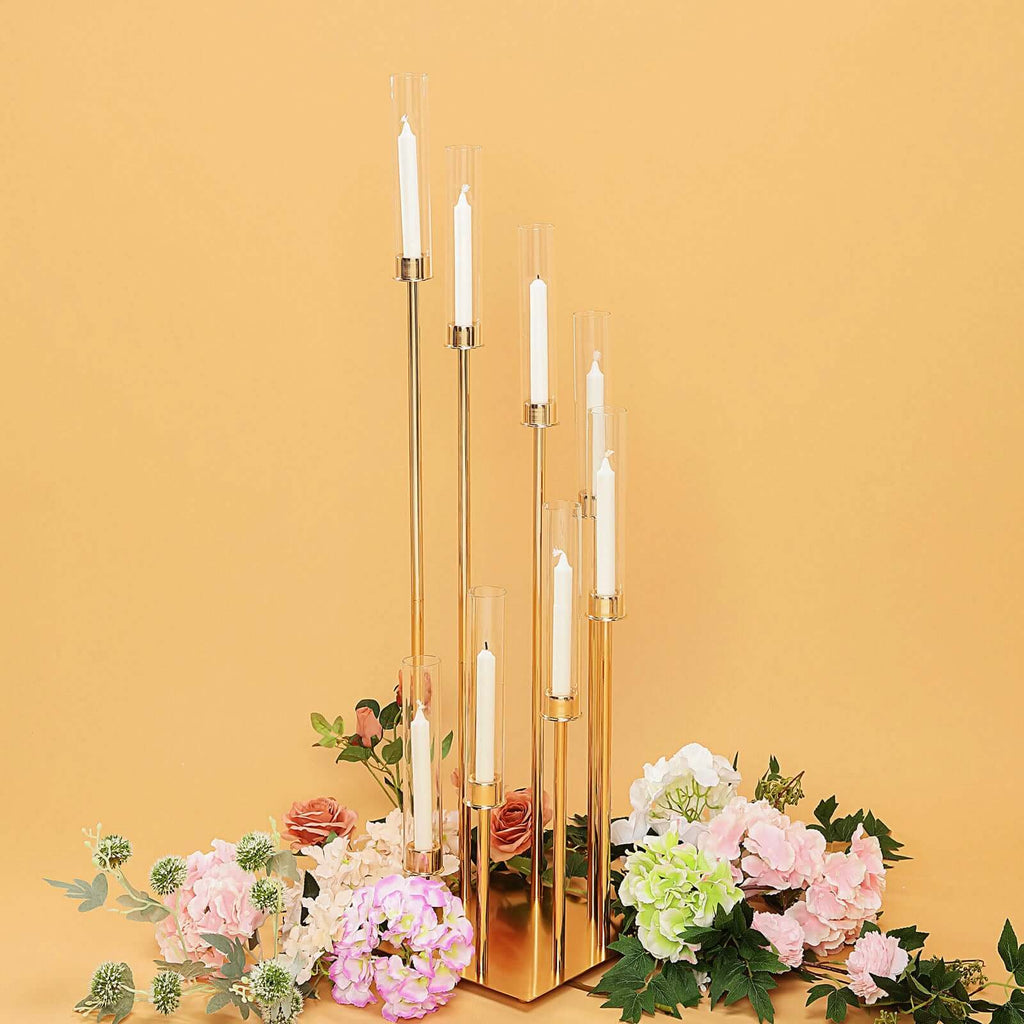 8 Arm Cluster Taper Candle Holder Gold - Stunning Large Candle Arrangement With Clear Glass Shades for Grand Banquets & Celebrations 42"