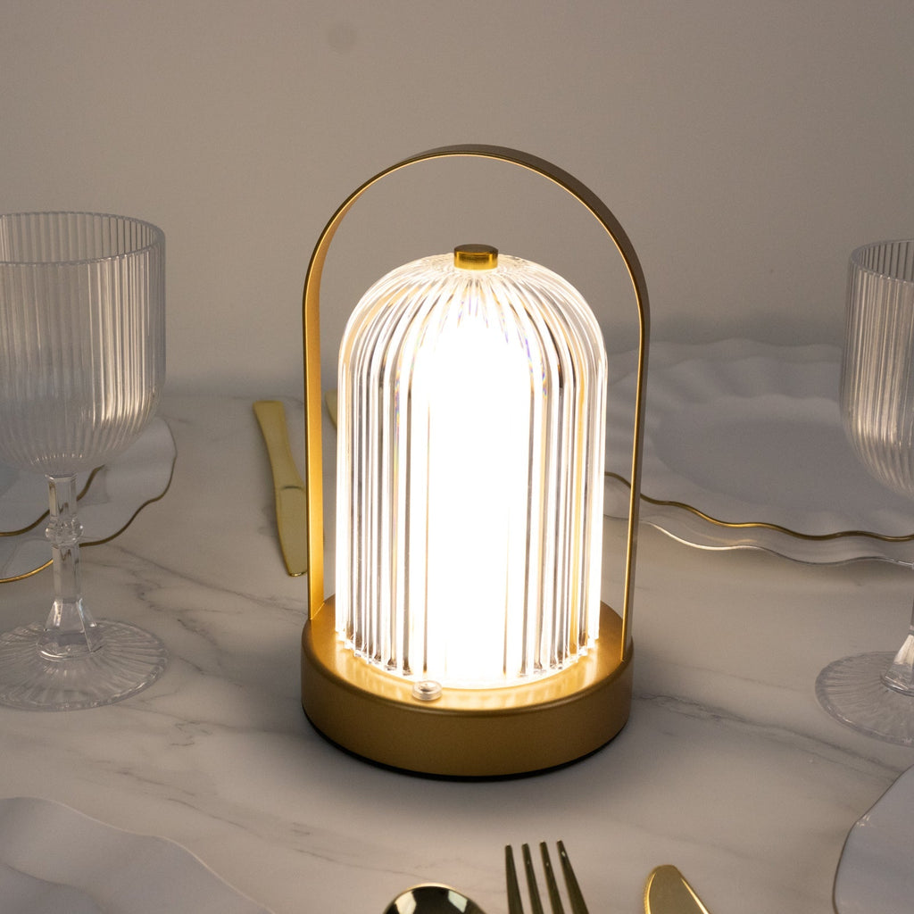 8" Gold Metal LED Table Lamp with Ribbed Acrylic Shade â€“ Cordless USB Rechargeable Touch Control Light with 3 Color Modes - Bell Racket Store