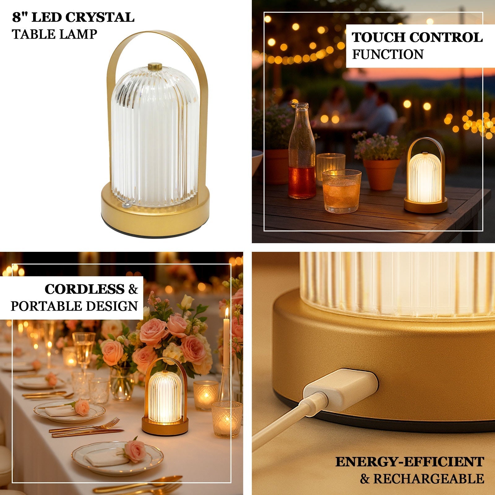 8" Gold Metal LED Table Lamp with Ribbed Acrylic Shade â€“ Cordless USB Rechargeable Touch Control Light with 3 Color Modes - Bell Racket Store