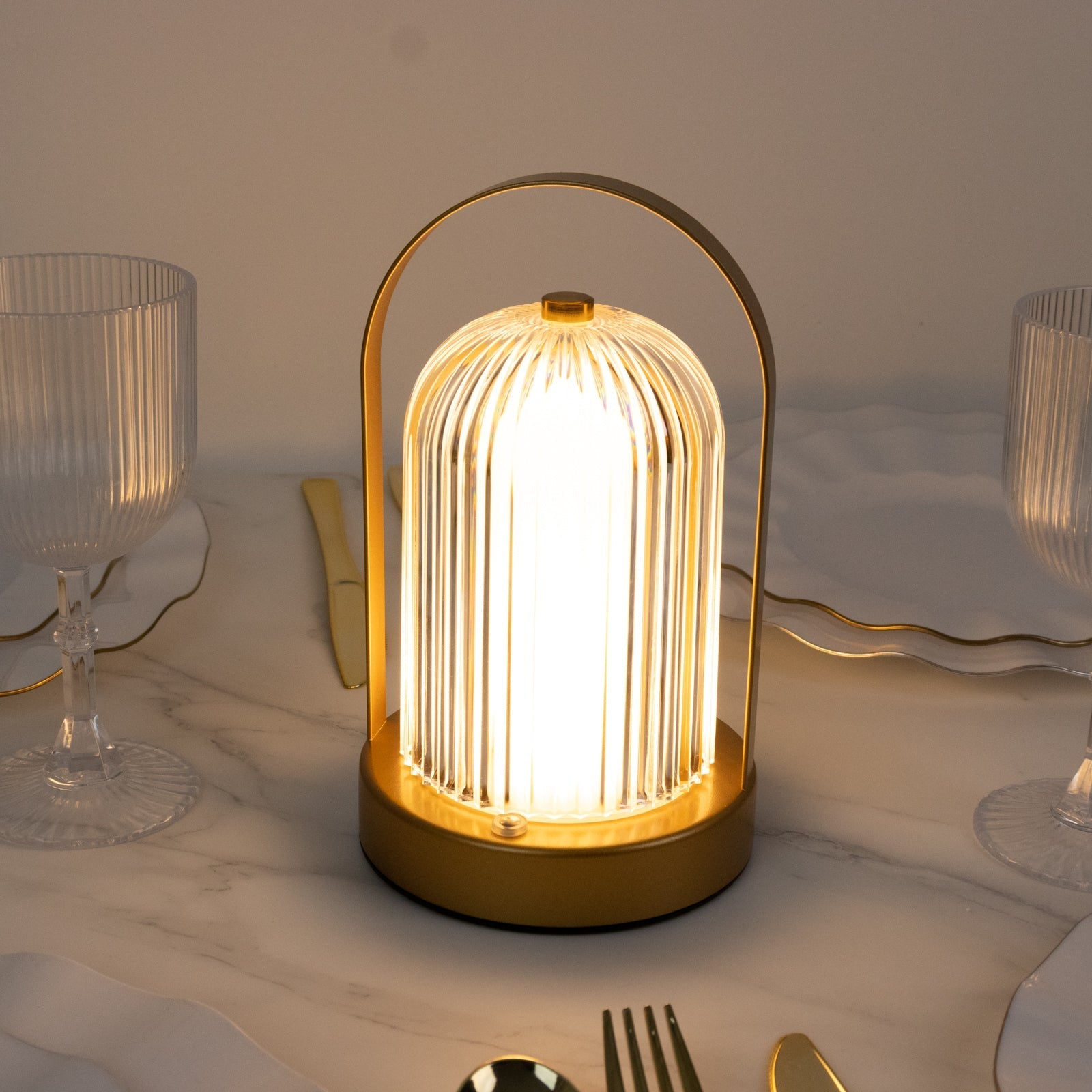 8" Gold Metal LED Table Lamp with Ribbed Acrylic Shade â€“ Cordless USB Rechargeable Touch Control Light with 3 Color Modes - Bell Racket Store