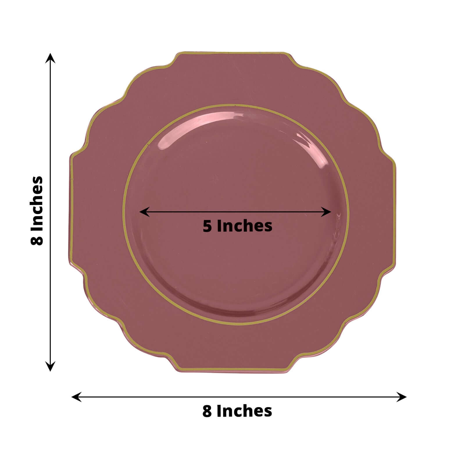 10-Pack Plastic Dessert Appetizer Plates in Cinnamon Rose Baroque Design with Scalloped Gold Rim - Heavy Duty Disposable Salad Plates 8"