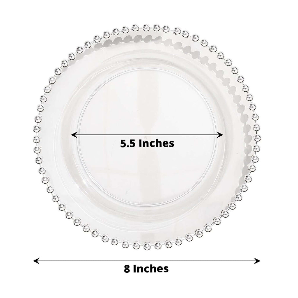 10-Pack Clear Plastic Dessert Plates â€“ 8" Round with Silver Beaded Rim, Disposable for Parties & Events