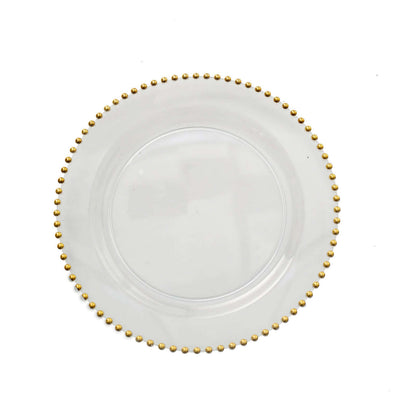 10-Pack Clear Plastic Dessert Plates â€“ 8" Round with Gold Beaded Rim, Disposable for Parties & Events