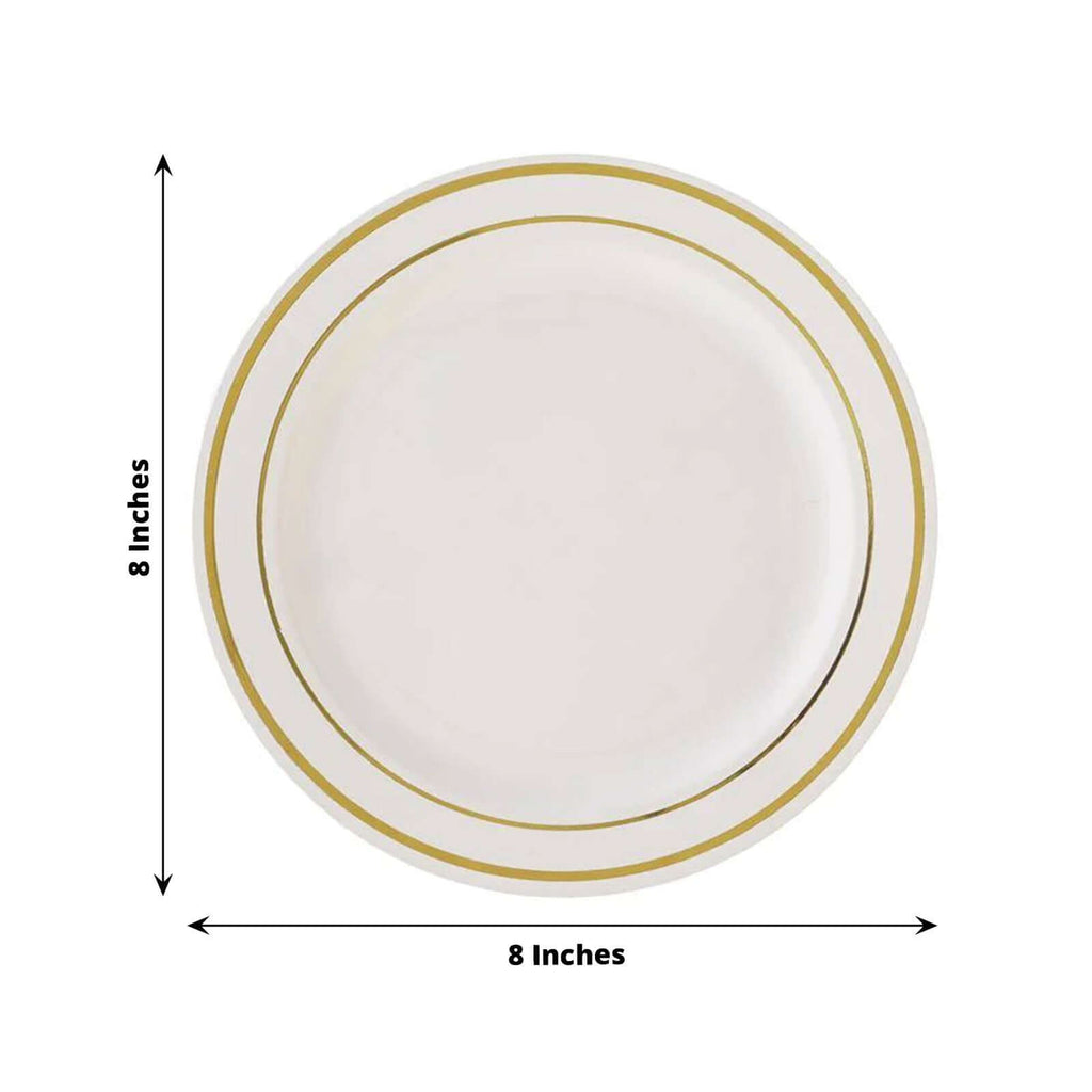10-Pack Plastic Dessert Plates Ivory with TrÃ¨s Chic Gold Rim - Disposable Plates for Parties 8"
