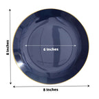 10-Pack Plastic 8" Round Dessert Plates in Navy Blue with Gold Rim - Glossy Disposable Appetizer Salad Plates