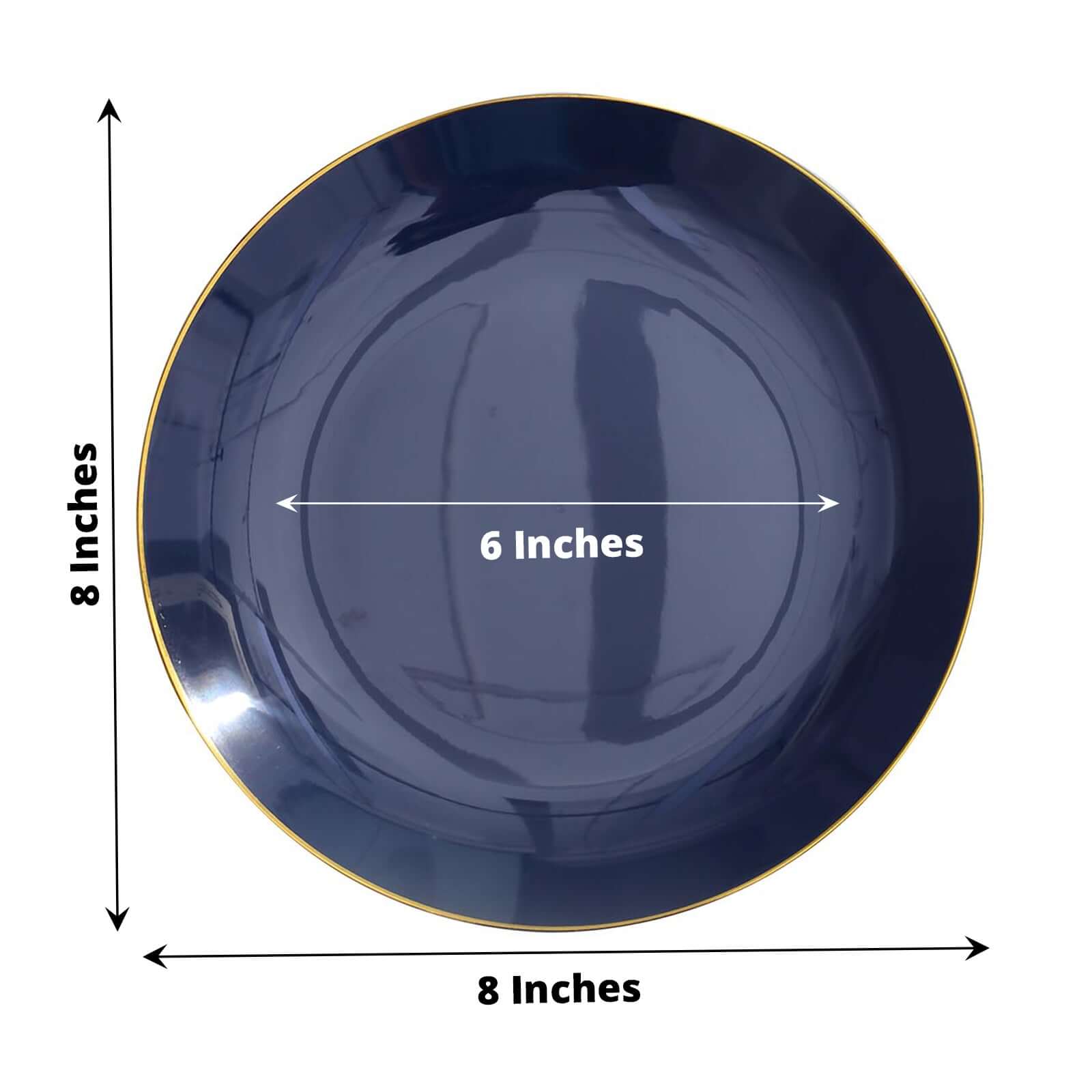 10-Pack Plastic 8" Round Dessert Plates in Navy Blue with Gold Rim - Glossy Disposable Appetizer Salad Plates
