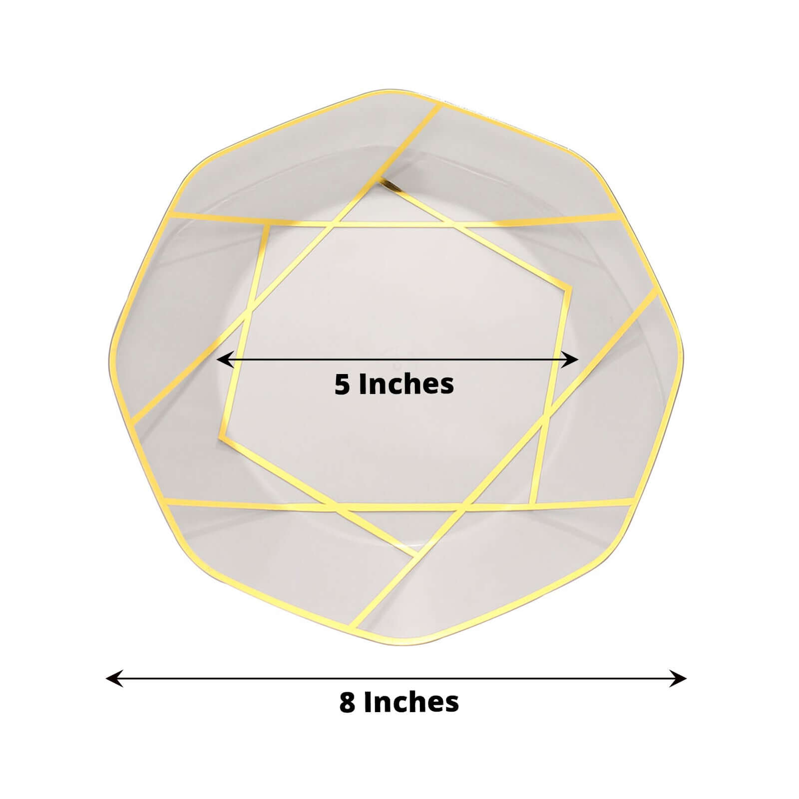 10-Pack Plastic 8" Octagon Dessert Plates in Clear - Modern Disposable Salad/Appetizer Plates with Gold Geometric Design for Special Occasions & Celebrations