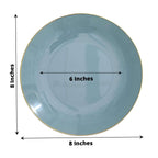 10-Pack Plastic 8" Round Dessert Plates in Dusty Blue with Gold Rim - Glossy Disposable Appetizer Salad Plates