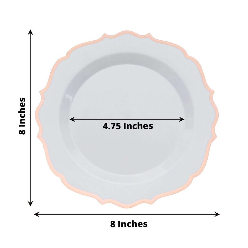 10-Pack Plastic 8" Round Dessert Plates in White with Rose Gold Scalloped Rim - Disposable Appetizer/Salad Plates