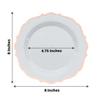 10-Pack Plastic 8" Round Dessert Plates in White with Rose Gold Scalloped Rim - Disposable Appetizer/Salad Plates